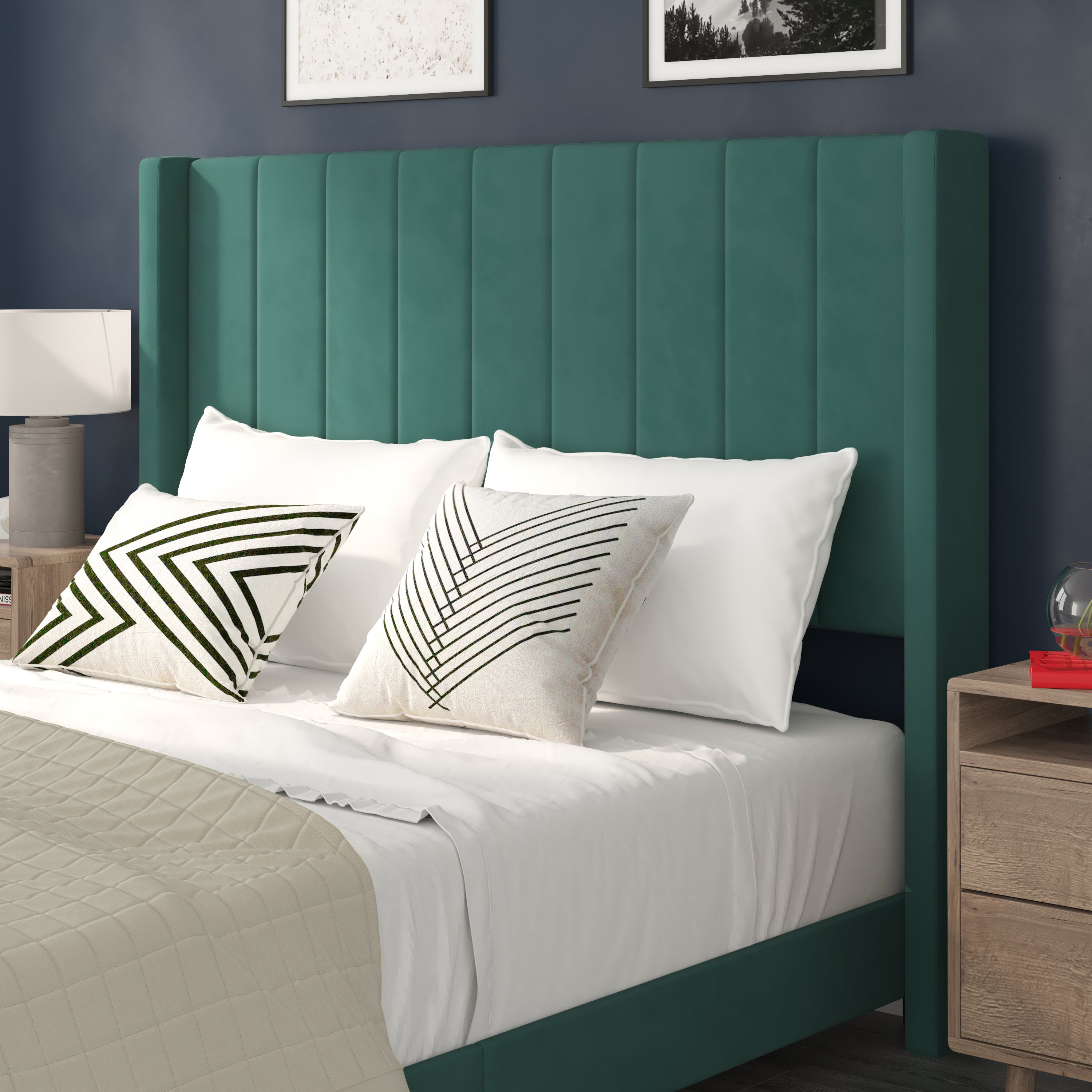 Bianca Upholstered Platform Bed with Vertical Stitched Wingback Headboard, Slatted Mattress Foundation, No Box Spring Needed