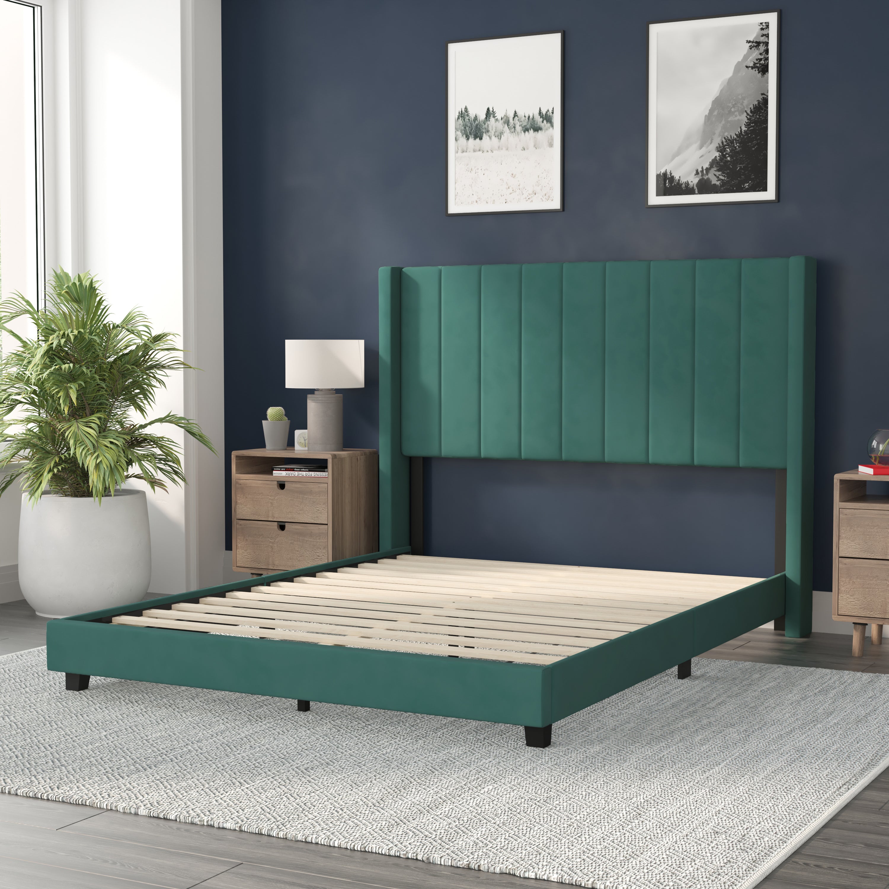 Bianca Upholstered Platform Bed with Vertical Stitched Wingback Headboard, Slatted Mattress Foundation, No Box Spring Needed