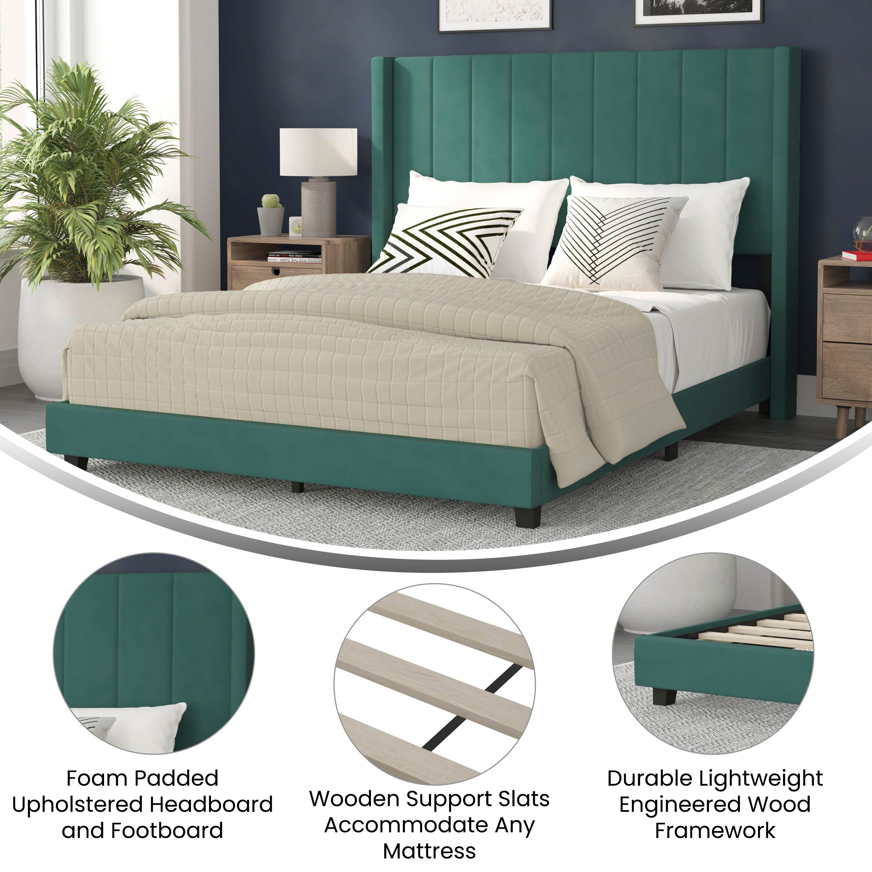 Bianca Upholstered Platform Bed with Vertical Stitched Wingback Headboard, Slatted Mattress Foundation, No Box Spring Needed