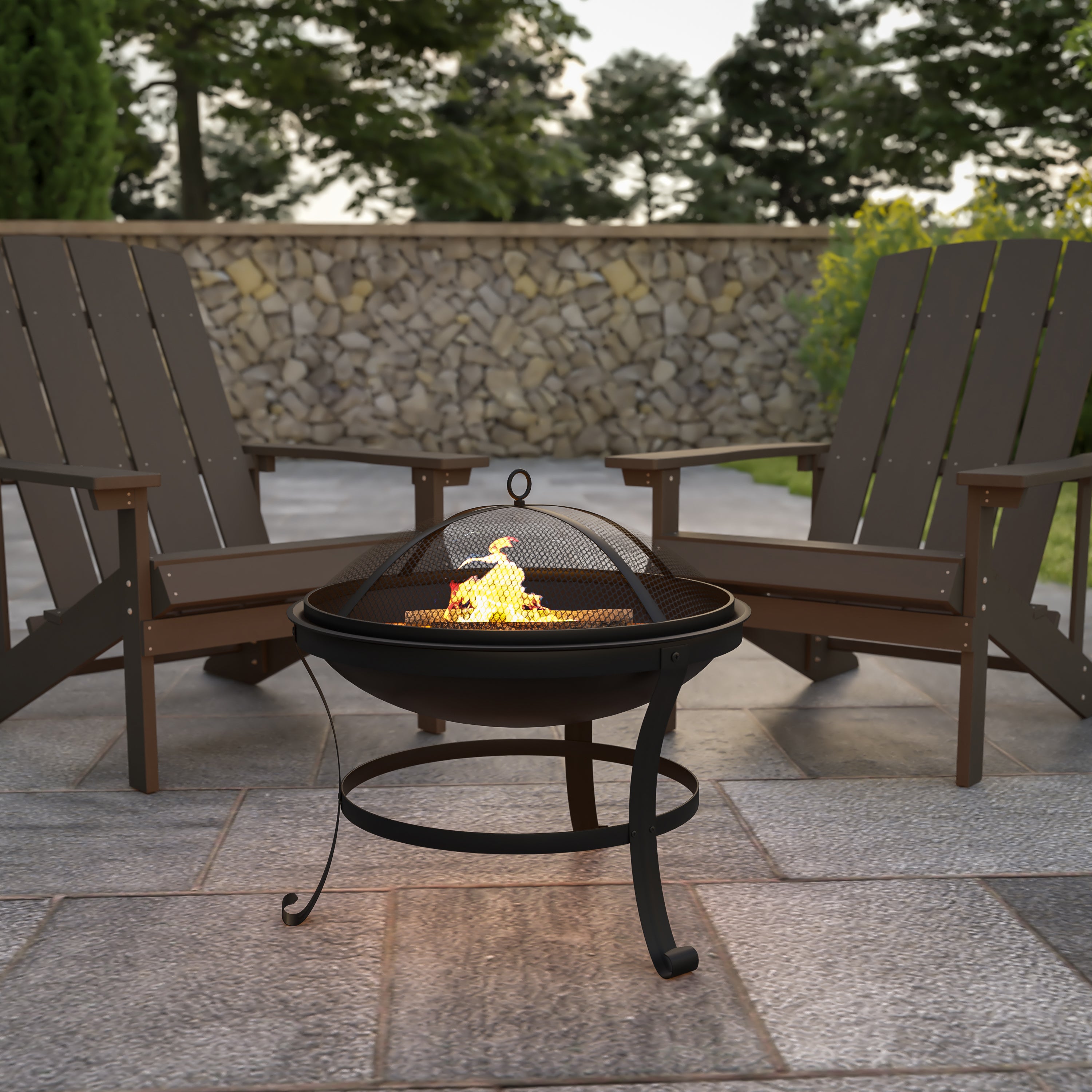Round Wood Burning Firepit with Mesh Spark Screen and Poker-Outdoor FirePit-Flash Furniture-Wall2Wall Furnishings