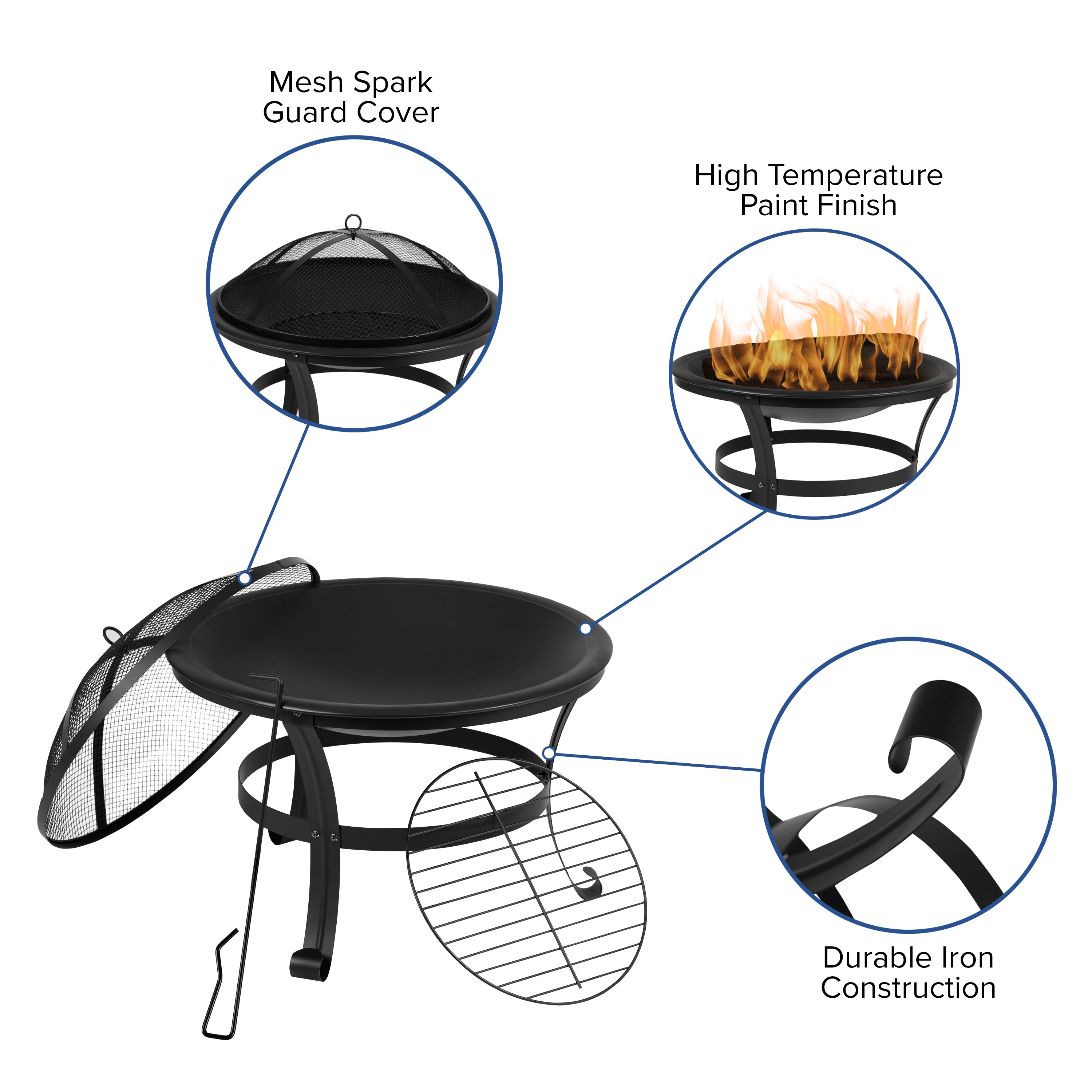 Round Wood Burning Firepit with Mesh Spark Screen and Poker-Outdoor FirePit-Flash Furniture-Wall2Wall Furnishings