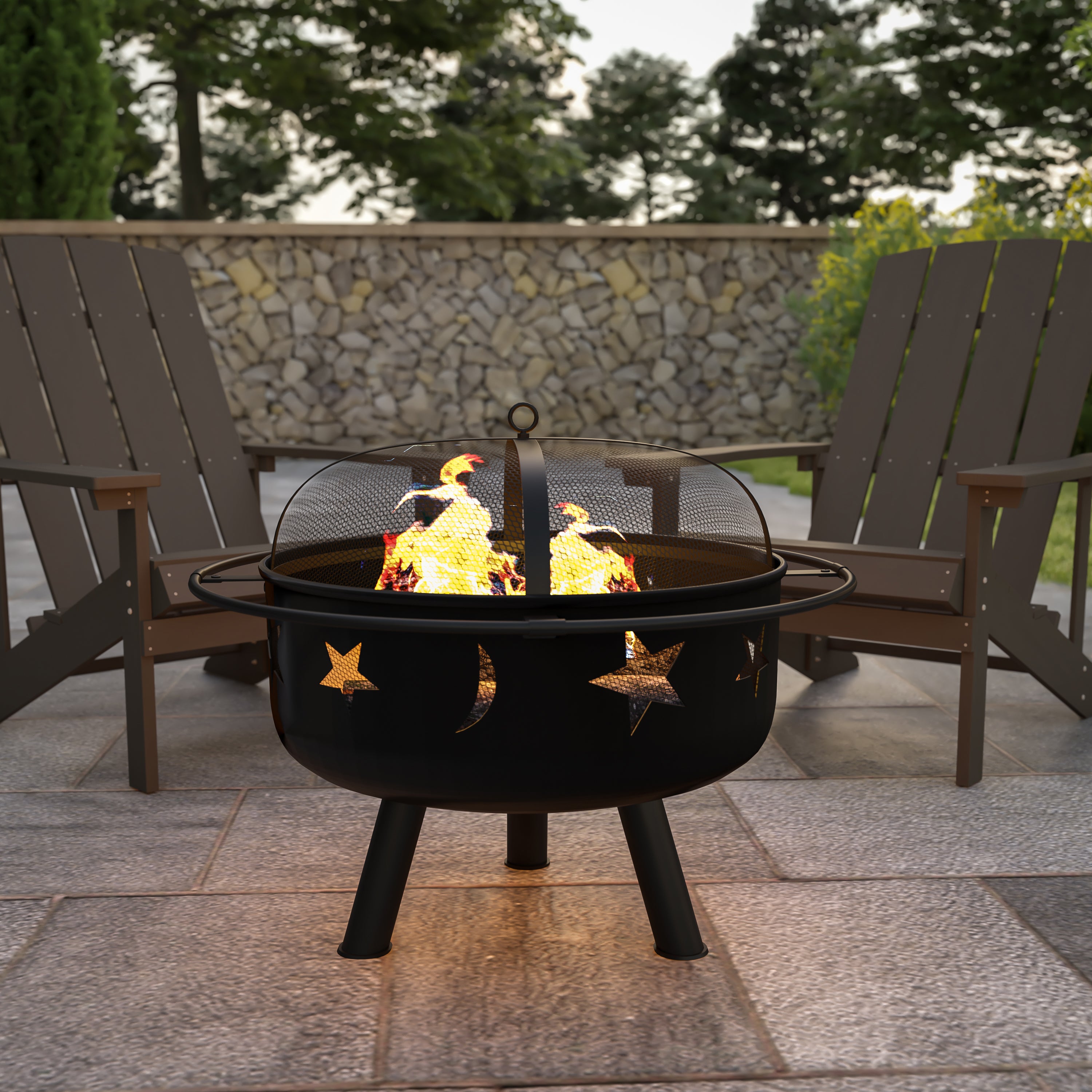Round Wood Burning Firepit with Mesh Spark Screen-Outdoor FirePit-Flash Furniture-Wall2Wall Furnishings