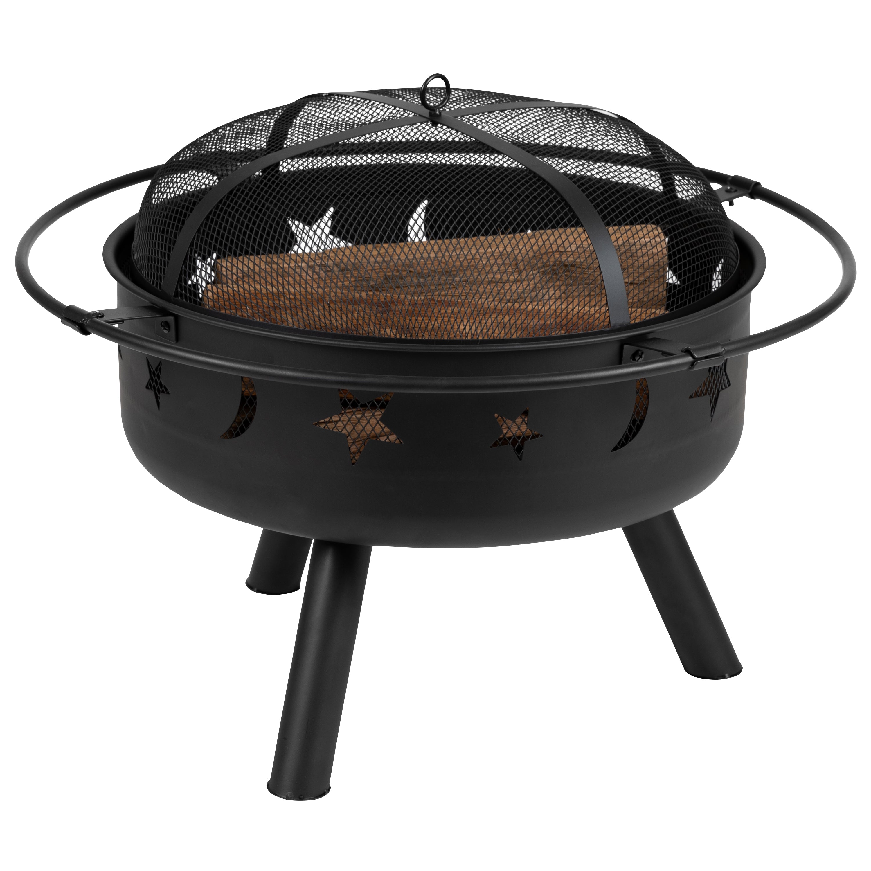 Round Wood Burning Firepit with Mesh Spark Screen-Outdoor FirePit-Flash Furniture-Wall2Wall Furnishings