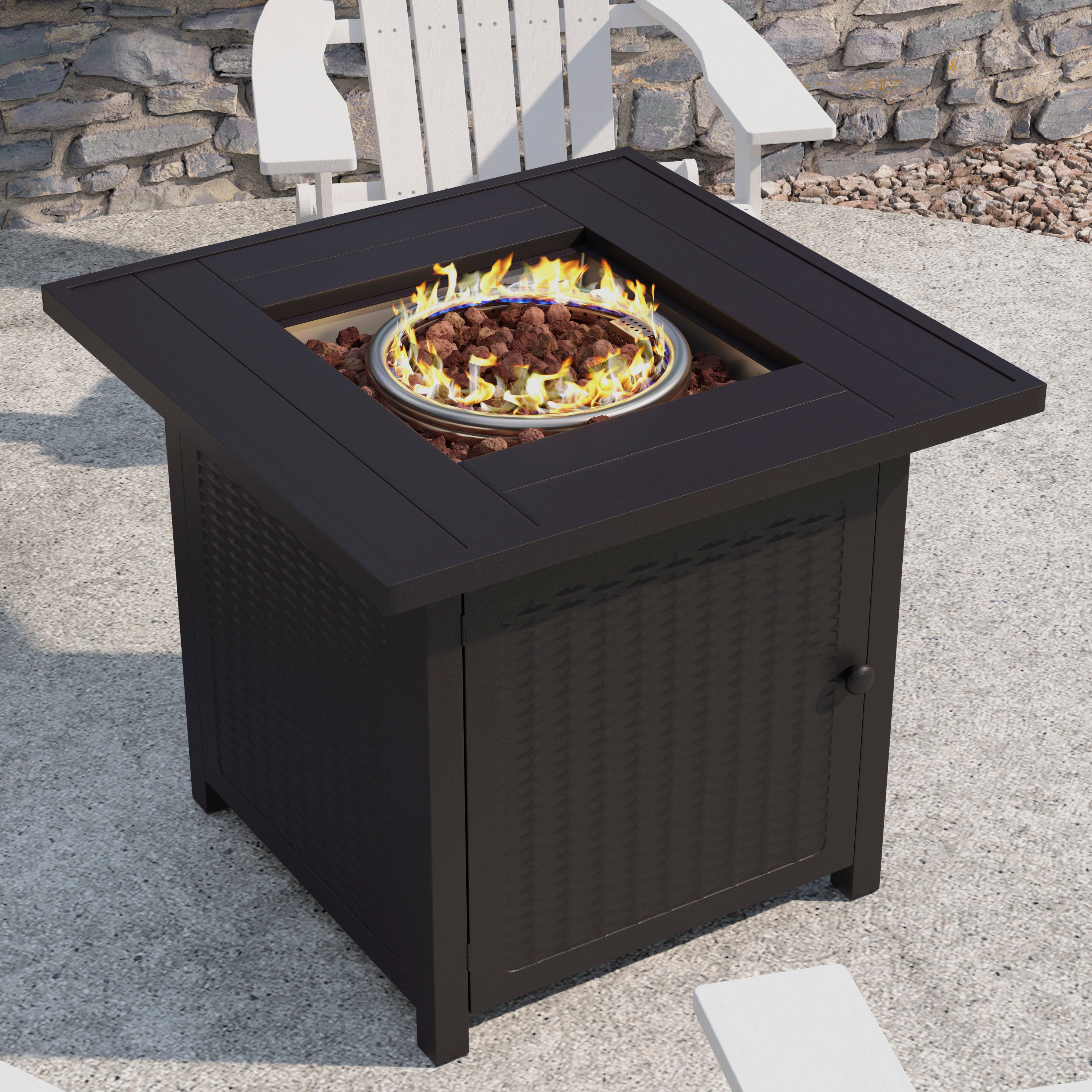 Olympia 50,000 BTU Outdoor Propane Gas Fire Pit Table with Stainless Steel Tabletop, Lid, Lava Rocks, and Steel Wicker Detail Base-Outdoor FirePit-Flash Furniture-Wall2Wall Furnishings