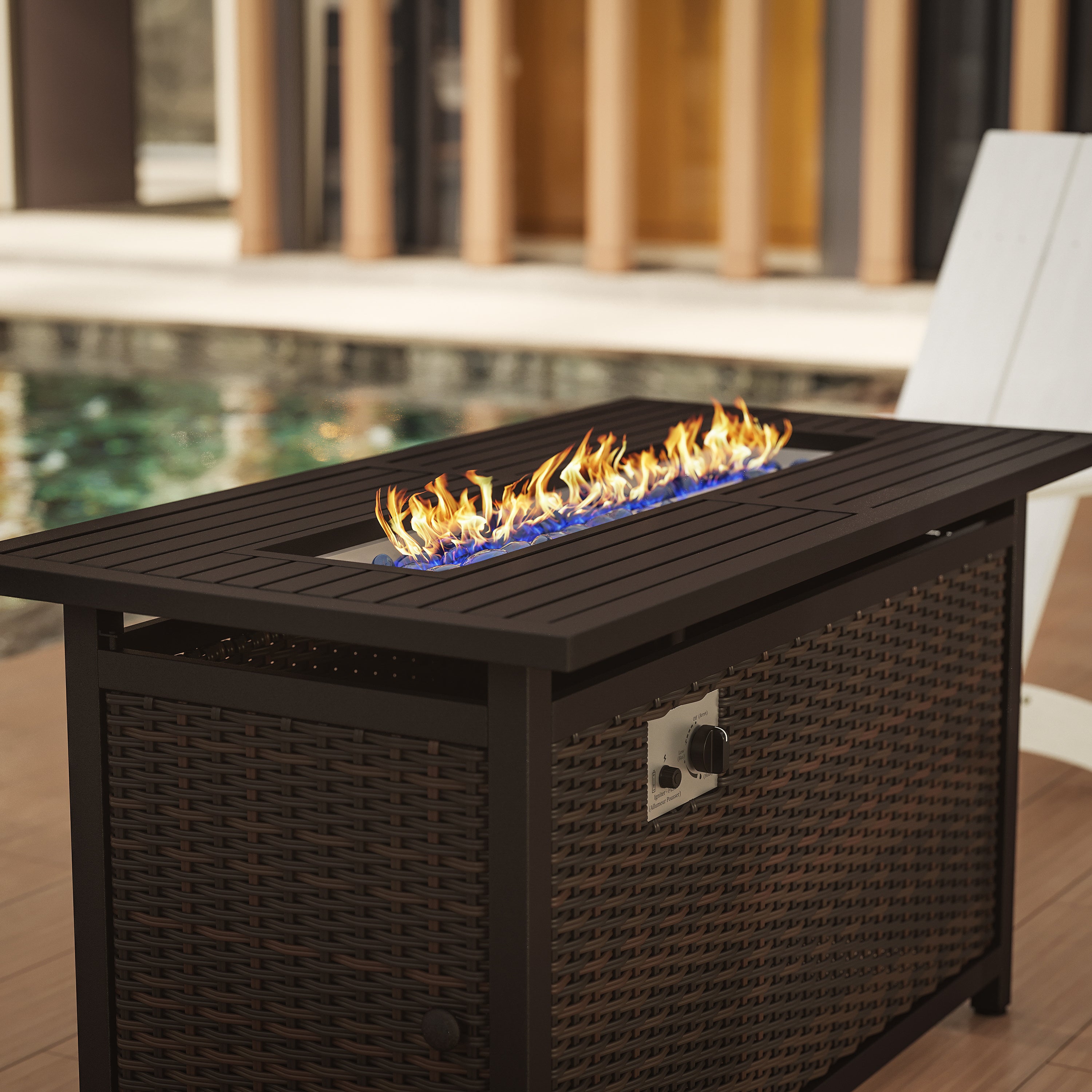 Olympia Outdoor Propane Gas 50,000 BTU Fire Pit Table with Stainless Steel Tabletop, Lid, Glass Beads, Wicker Base-Outdoor FirePit-Flash Furniture-Wall2Wall Furnishings