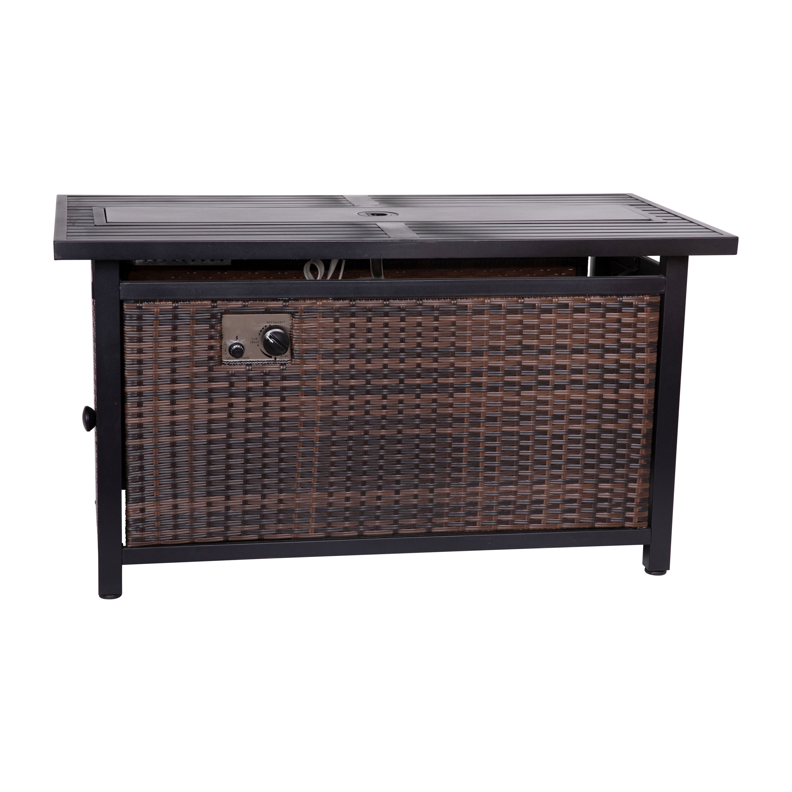 Olympia Outdoor Propane Gas 50,000 BTU Fire Pit Table with Stainless Steel Tabletop, Lid, Glass Beads, Wicker Base-Outdoor FirePit-Flash Furniture-Wall2Wall Furnishings