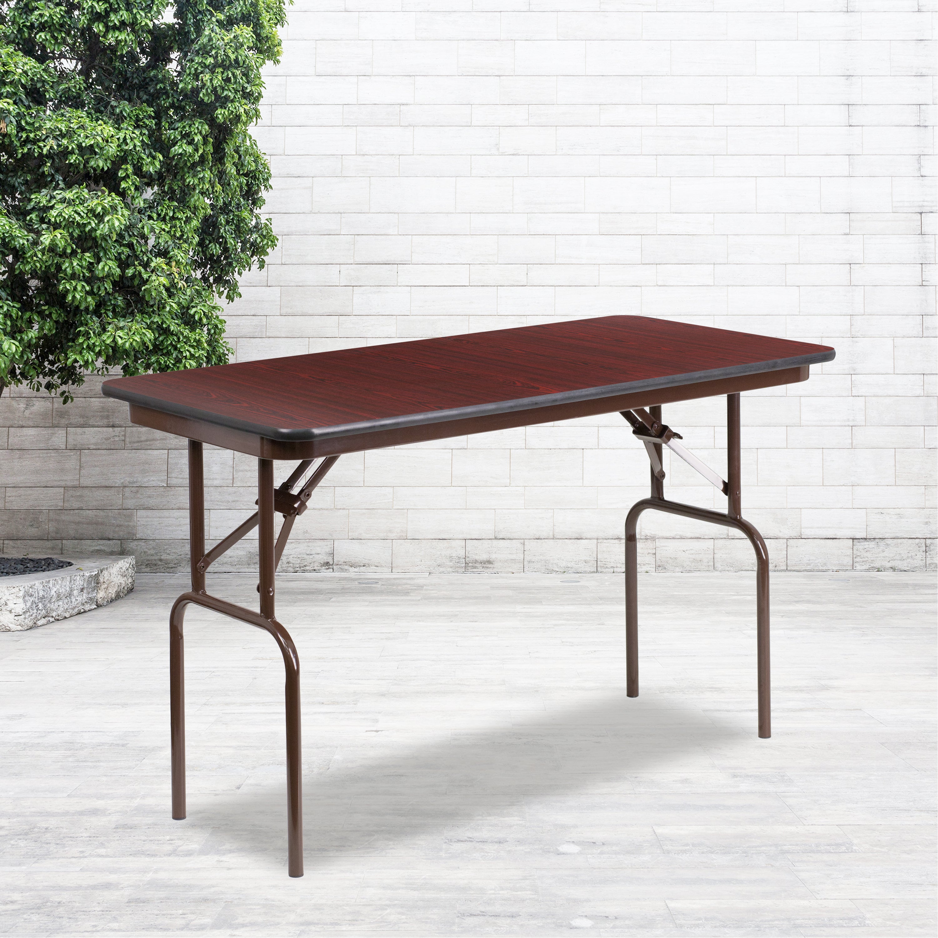 4-Foot Mahogany Melamine Laminate Folding Banquet Table-Rectangular Melamine Folding Table-Flash Furniture-Wall2Wall Furnishings