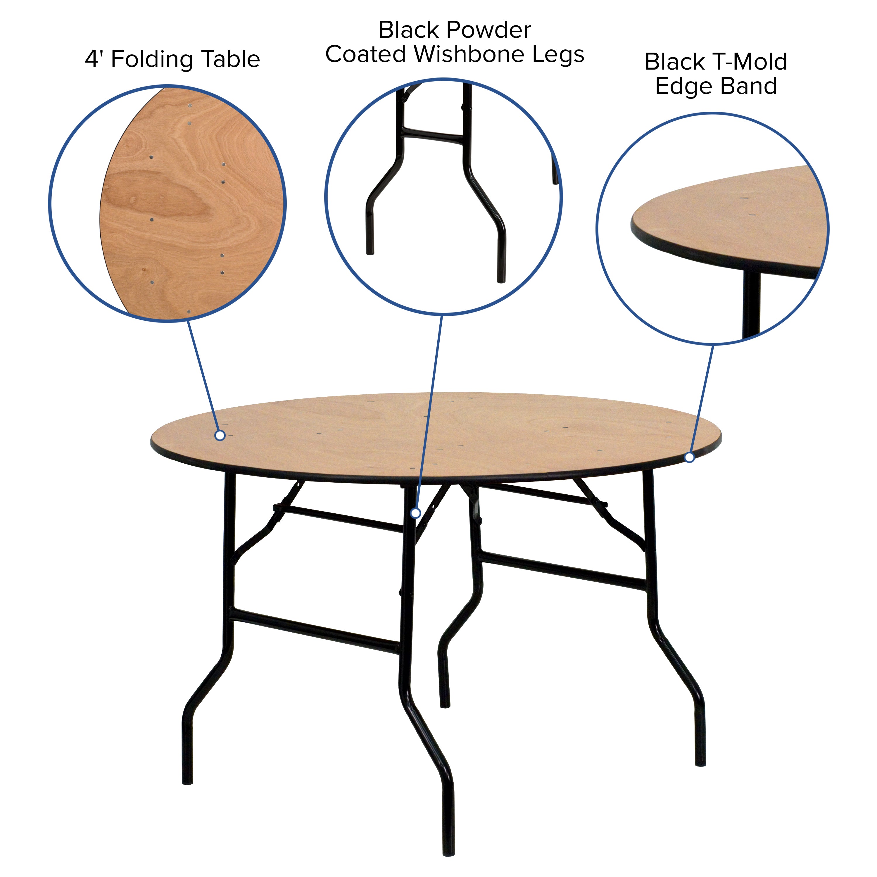 4-Foot Round Wood Folding Banquet Table with Clear Coated Finished Top-Round Folding Table-Flash Furniture-Wall2Wall Furnishings