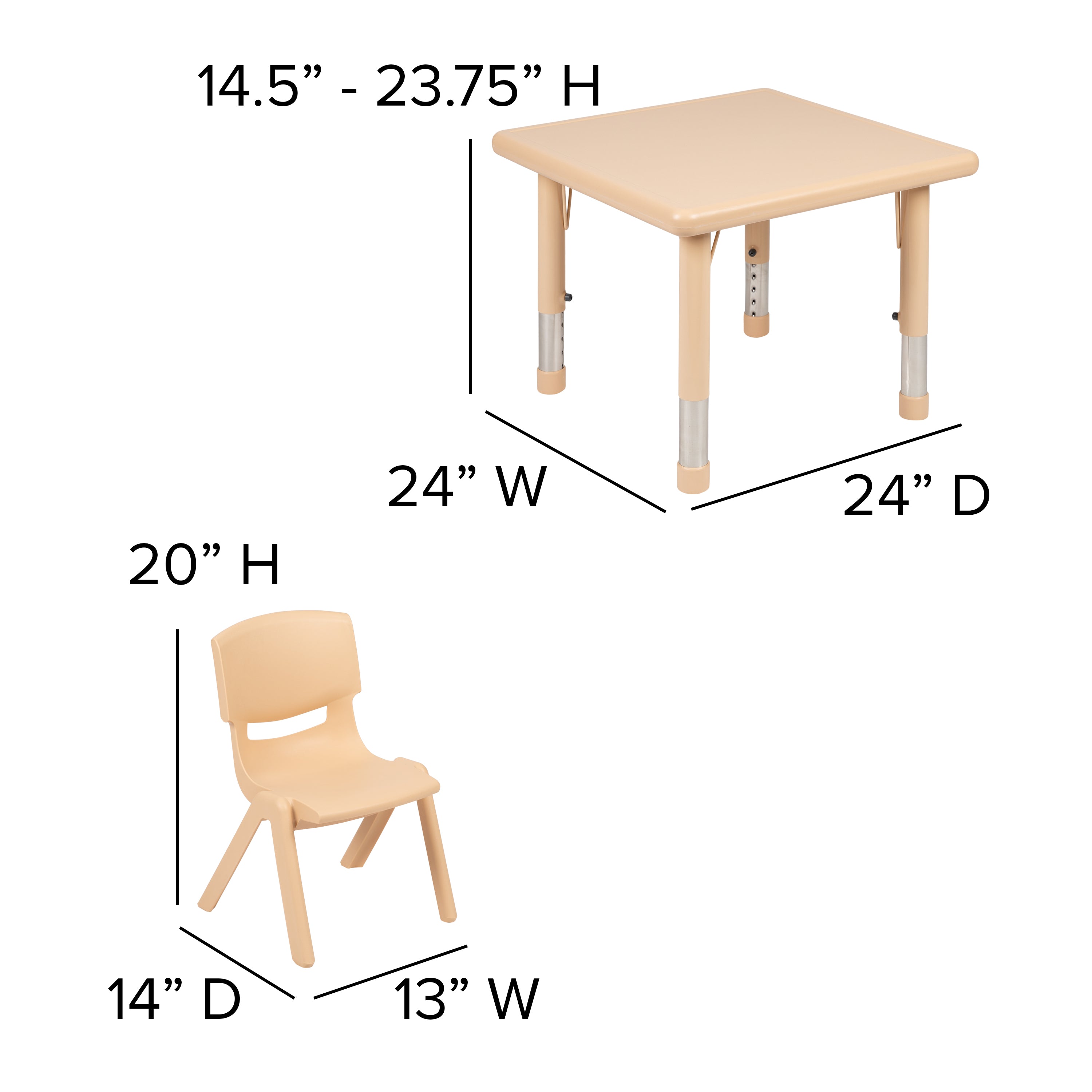 24" Square Plastic Height Adjustable Activity Table Set with 4 Chairs-Square Activity Table Set-Flash Furniture-Wall2Wall Furnishings