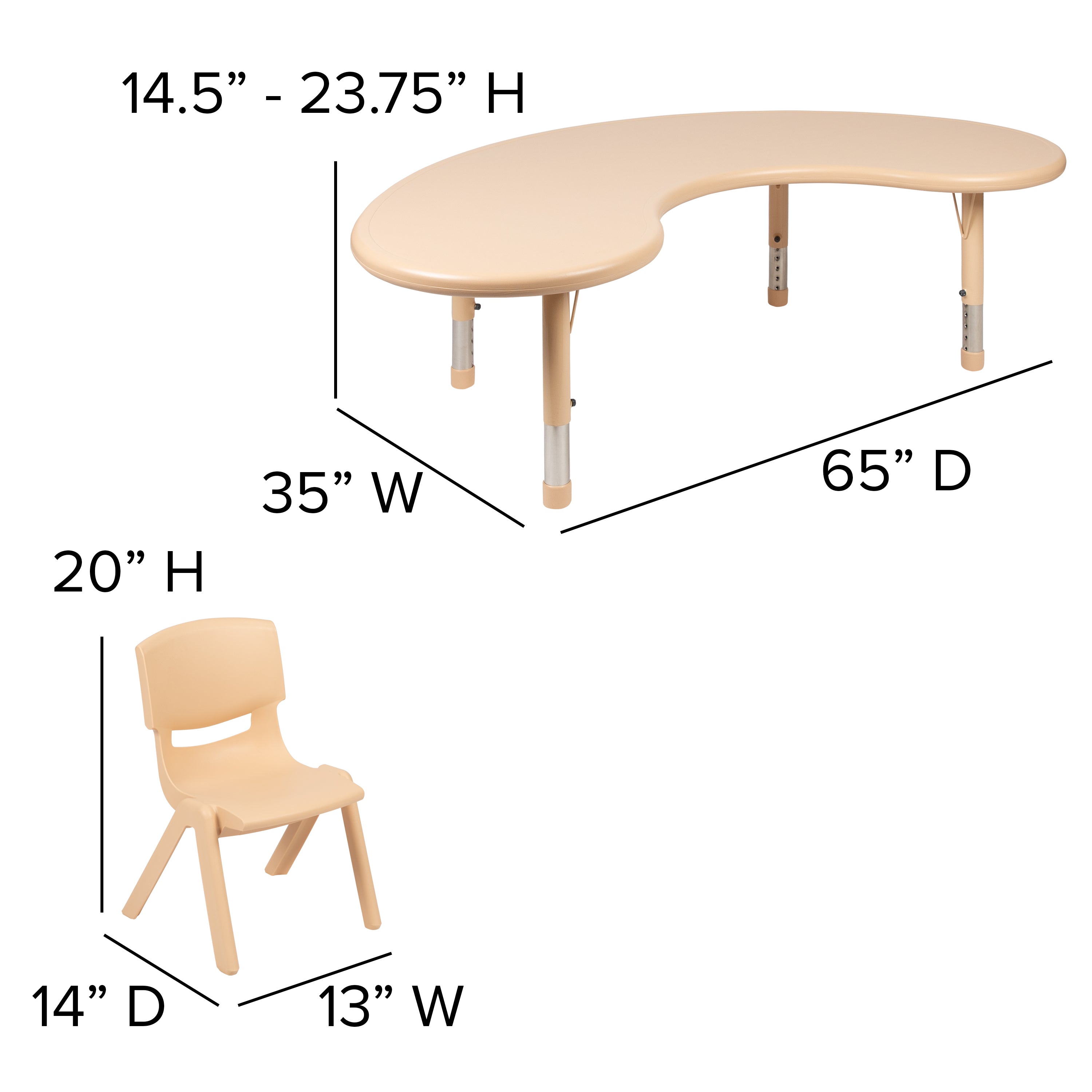 35"W x 65"L Half-Moon Plastic Height Adjustable Activity Table Set with 4 Chairs-Half-Moon Activity Table Set-Flash Furniture-Wall2Wall Furnishings