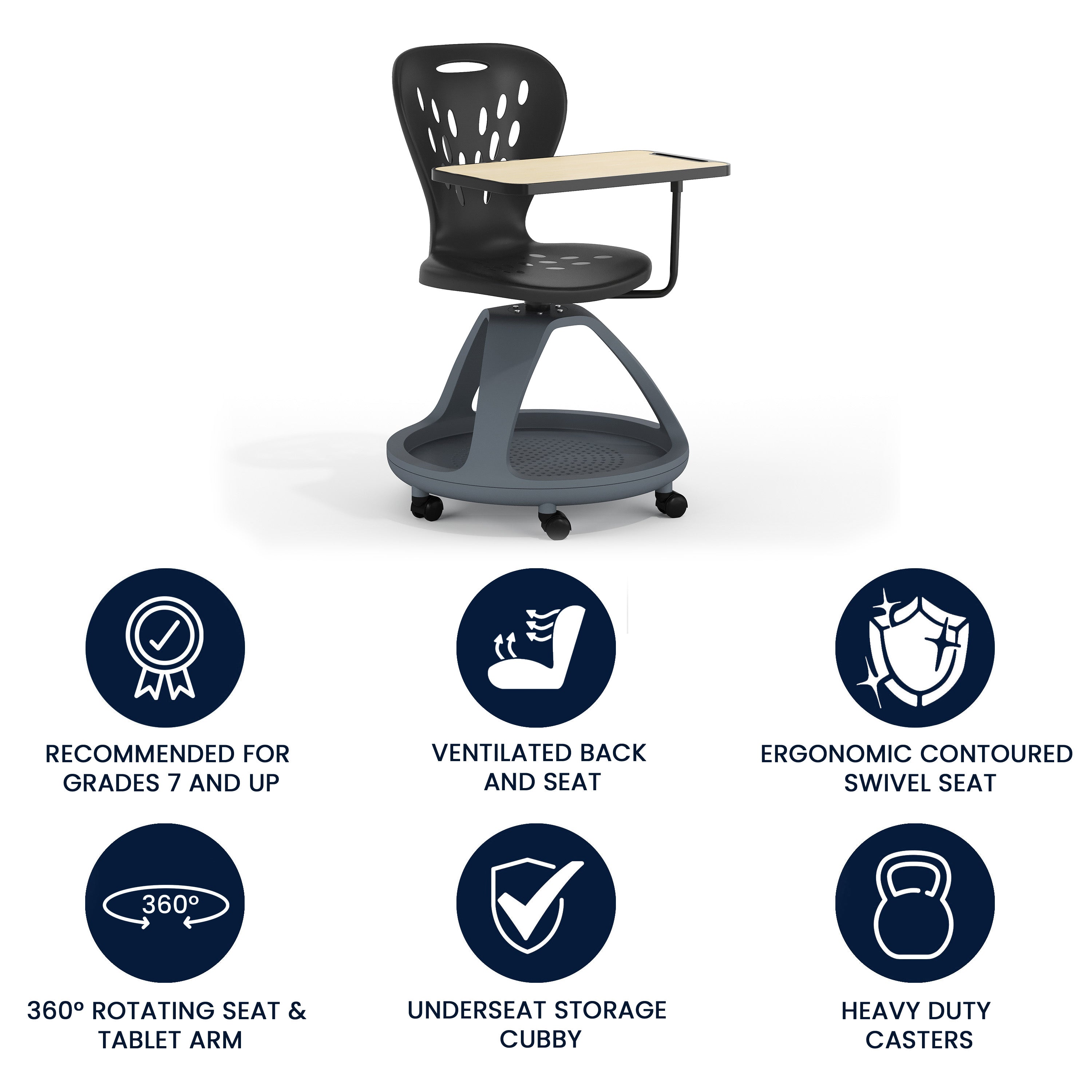Mobile Desk Chair with 360 Degree Tablet Rotation and Under Seat Storage Cubby