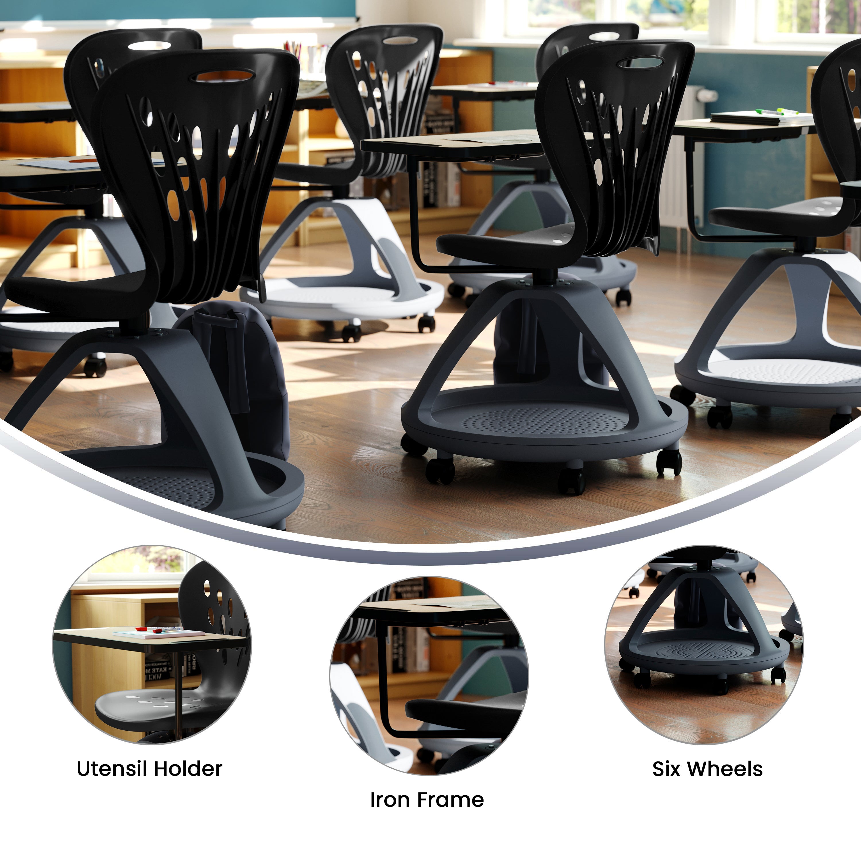 Mobile Desk Chair with 360 Degree Tablet Rotation and Under Seat Storage Cubby