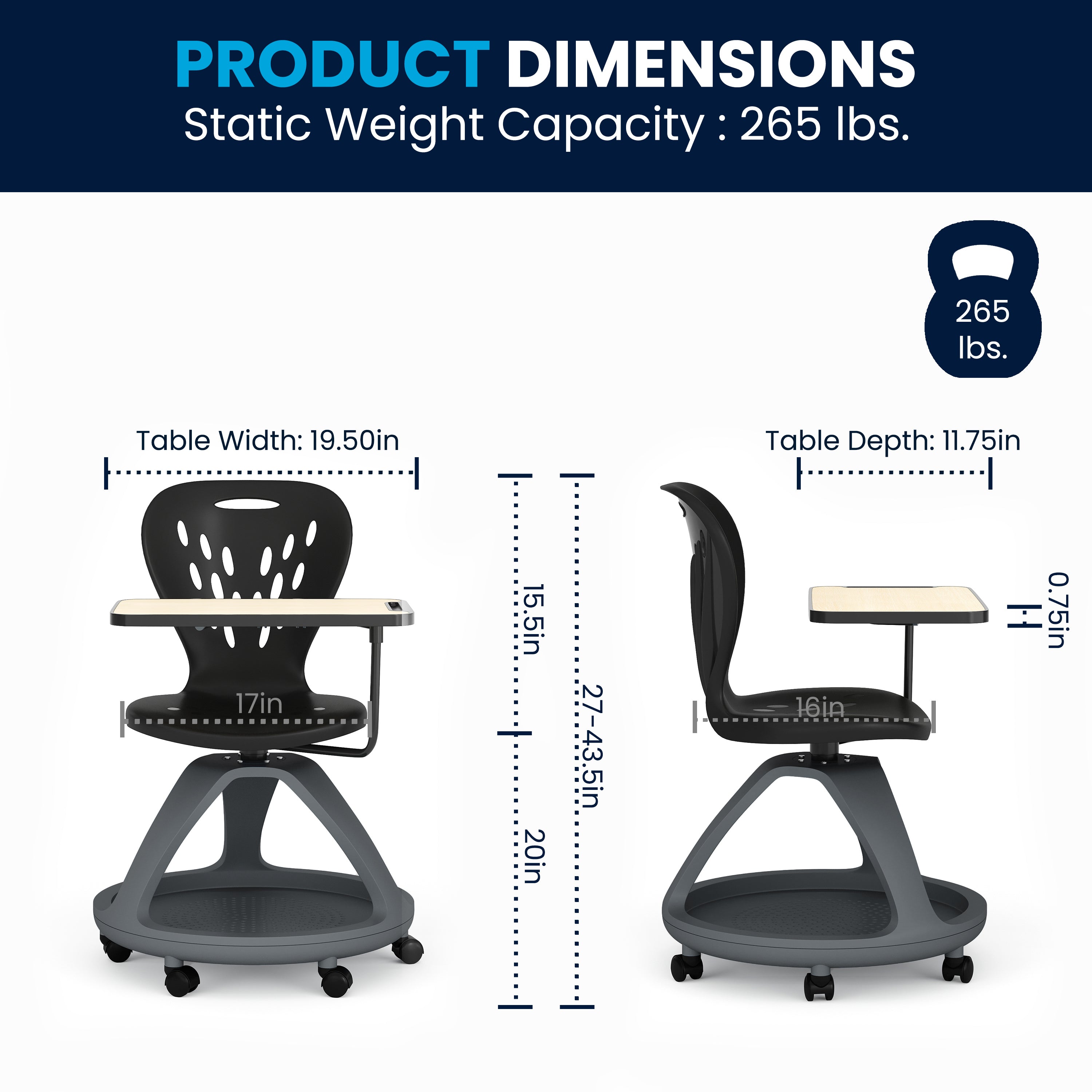 Mobile Desk Chair with 360 Degree Tablet Rotation and Under Seat Storage Cubby