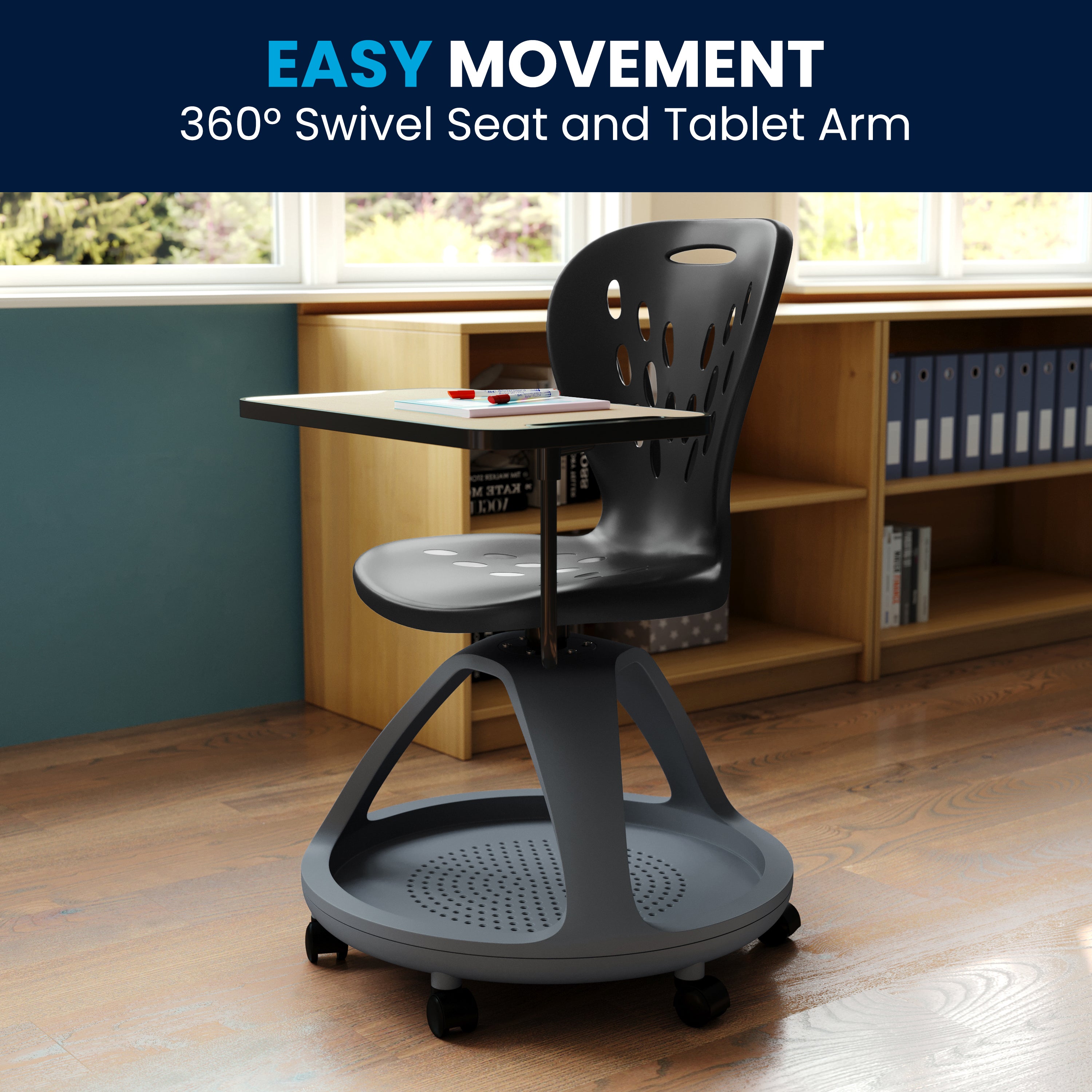 Mobile Desk Chair with 360 Degree Tablet Rotation and Under Seat Storage Cubby