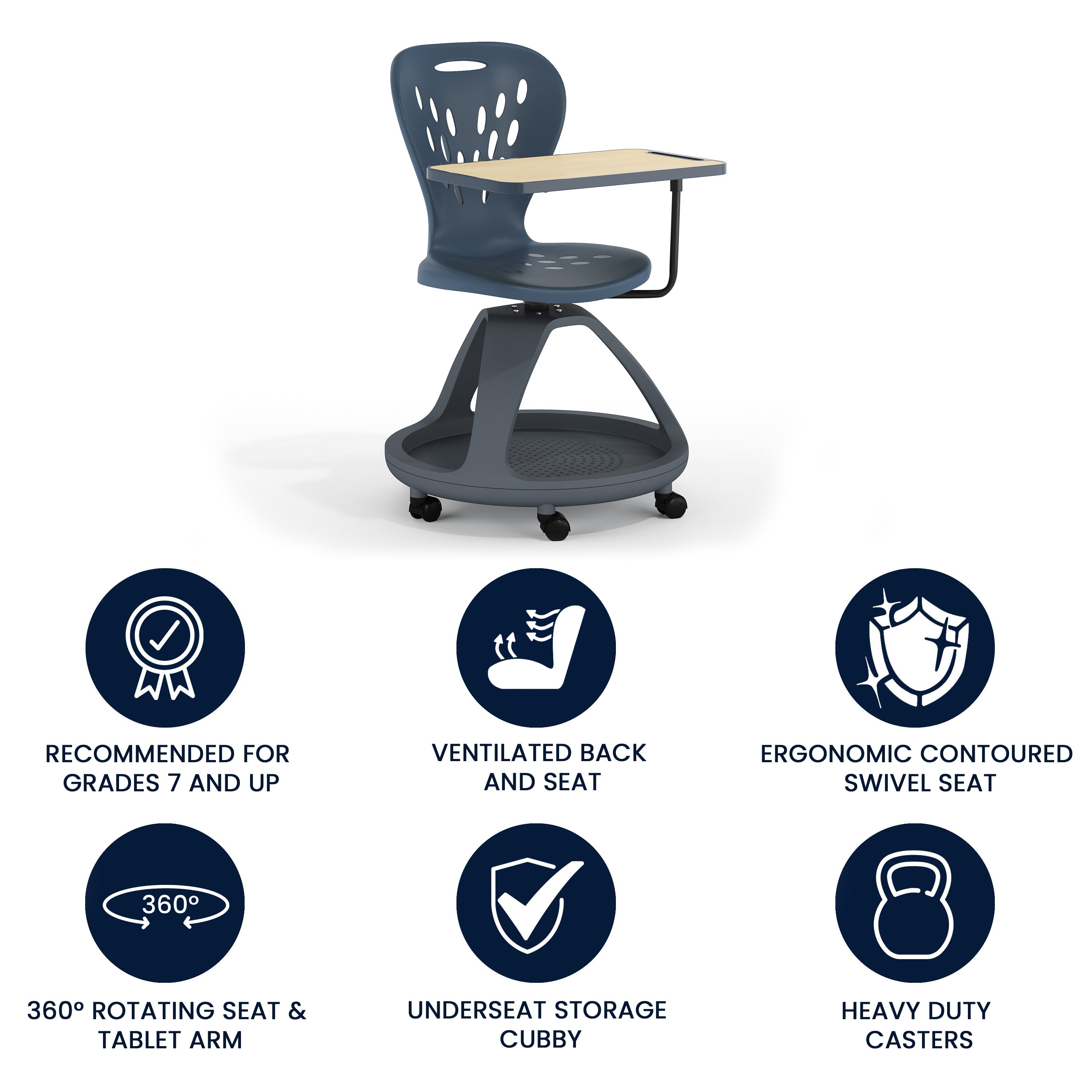 Mobile Desk Chair with 360 Degree Tablet Rotation and Under Seat Storage Cubby