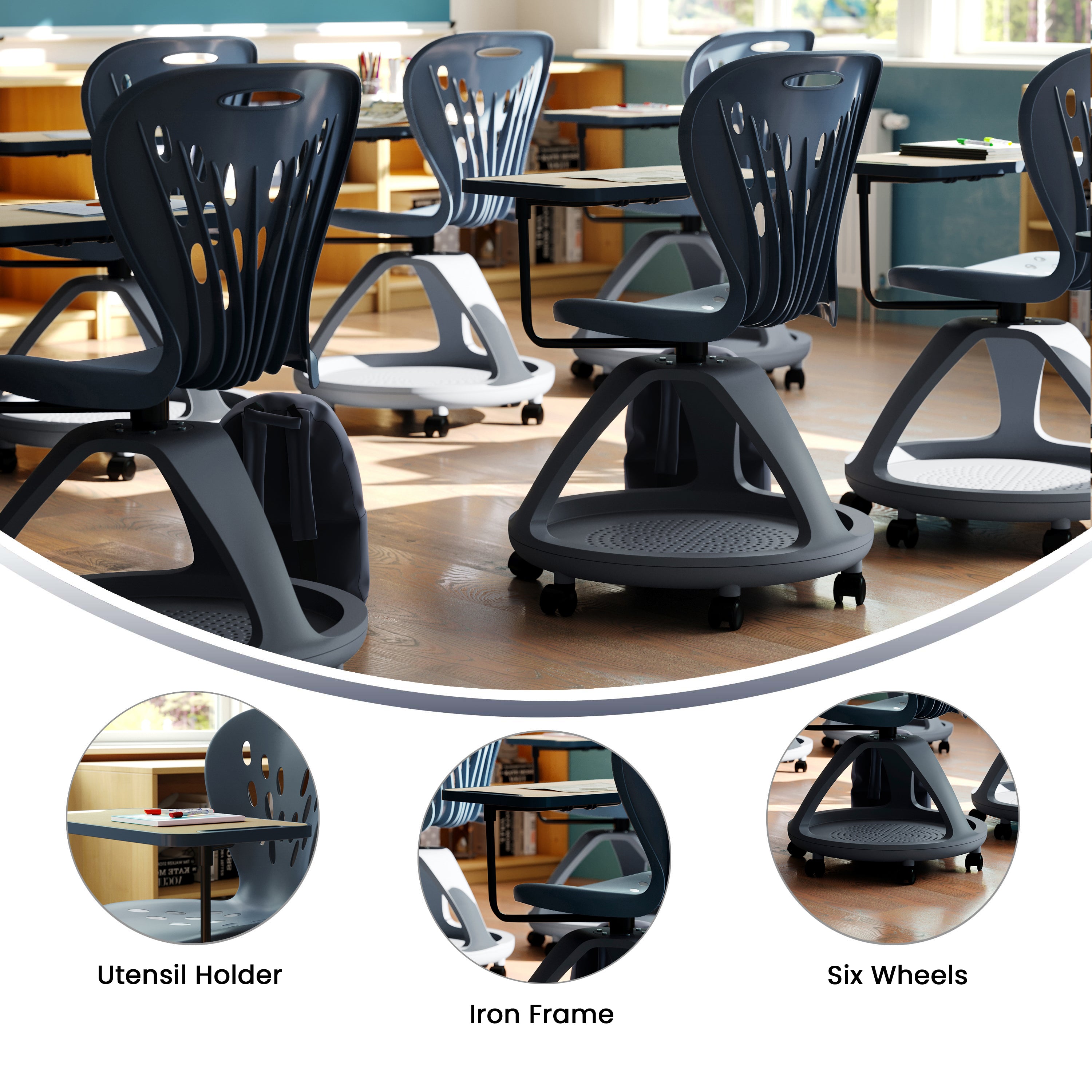 Mobile Desk Chair with 360 Degree Tablet Rotation and Under Seat Storage Cubby