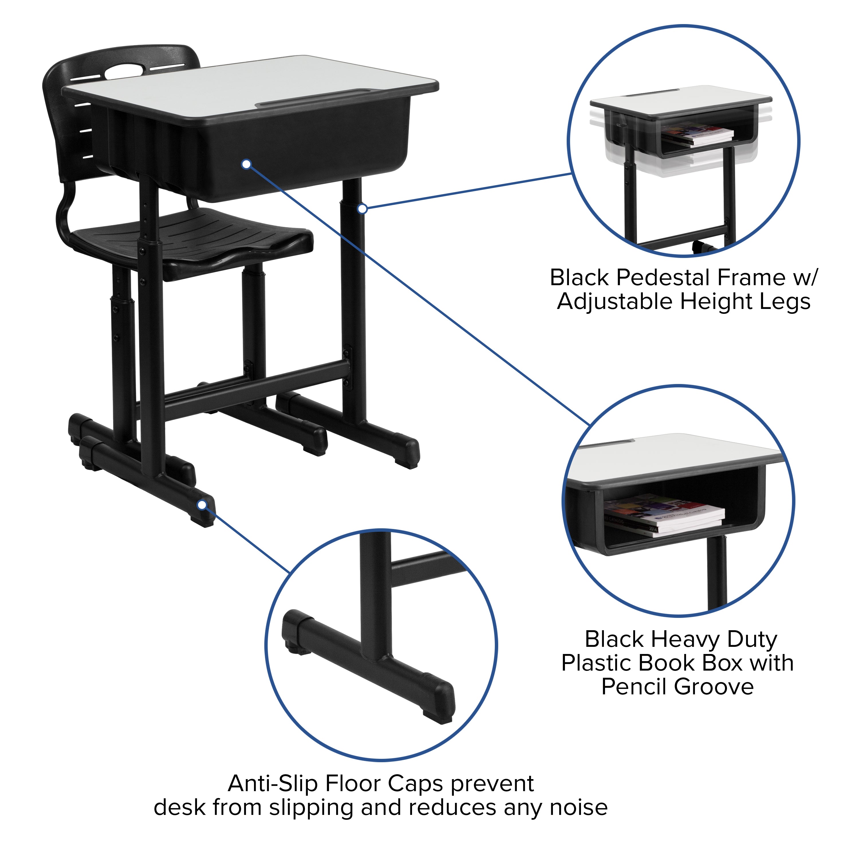 Adjustable Height Student Desk and Chair with Pedestal Frame