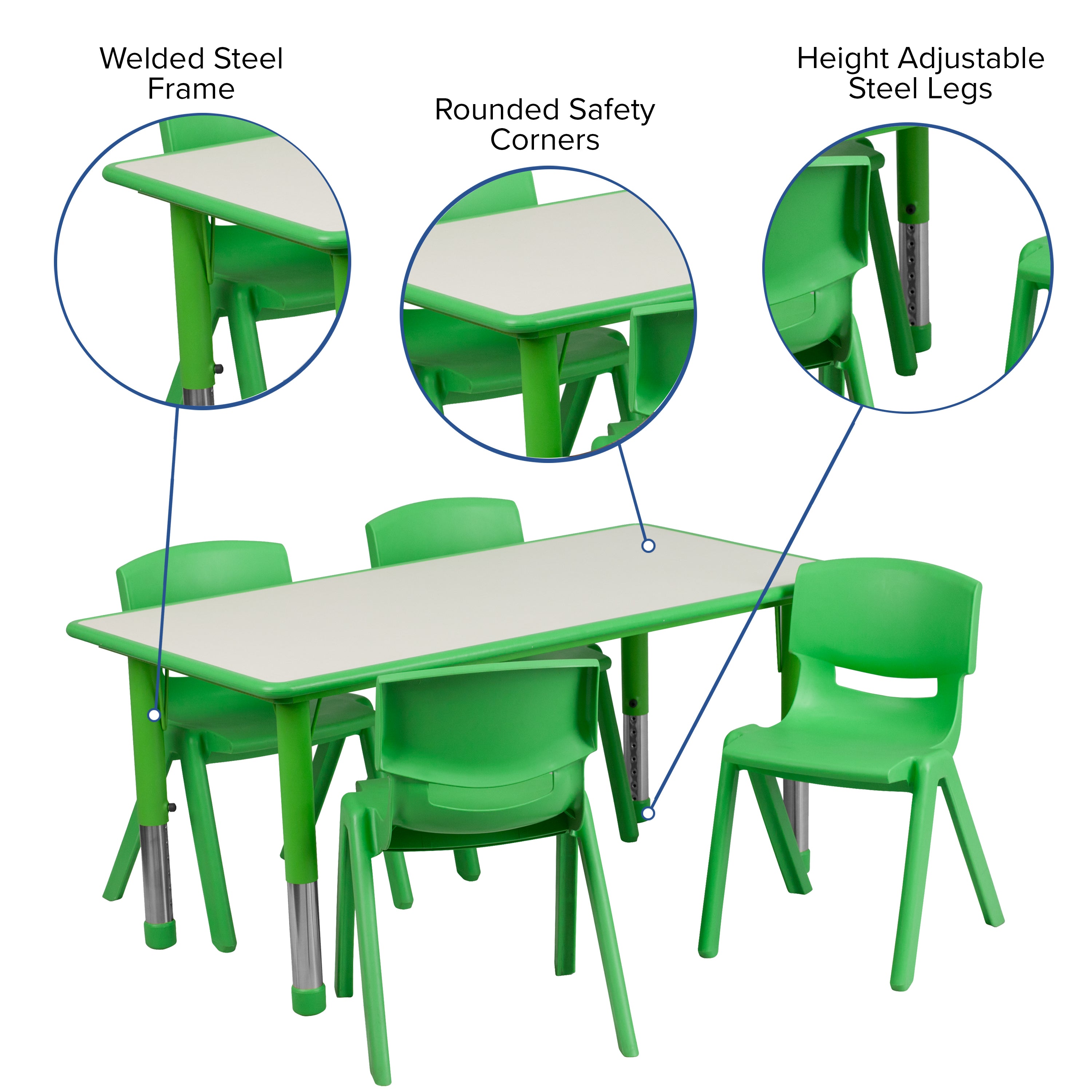 23.625"W x 47.25"L Rectangular Plastic Height Adjustable Activity Table Set with 4 Chairs-Rectangular Activity Table Set-Flash Furniture-Wall2Wall Furnishings