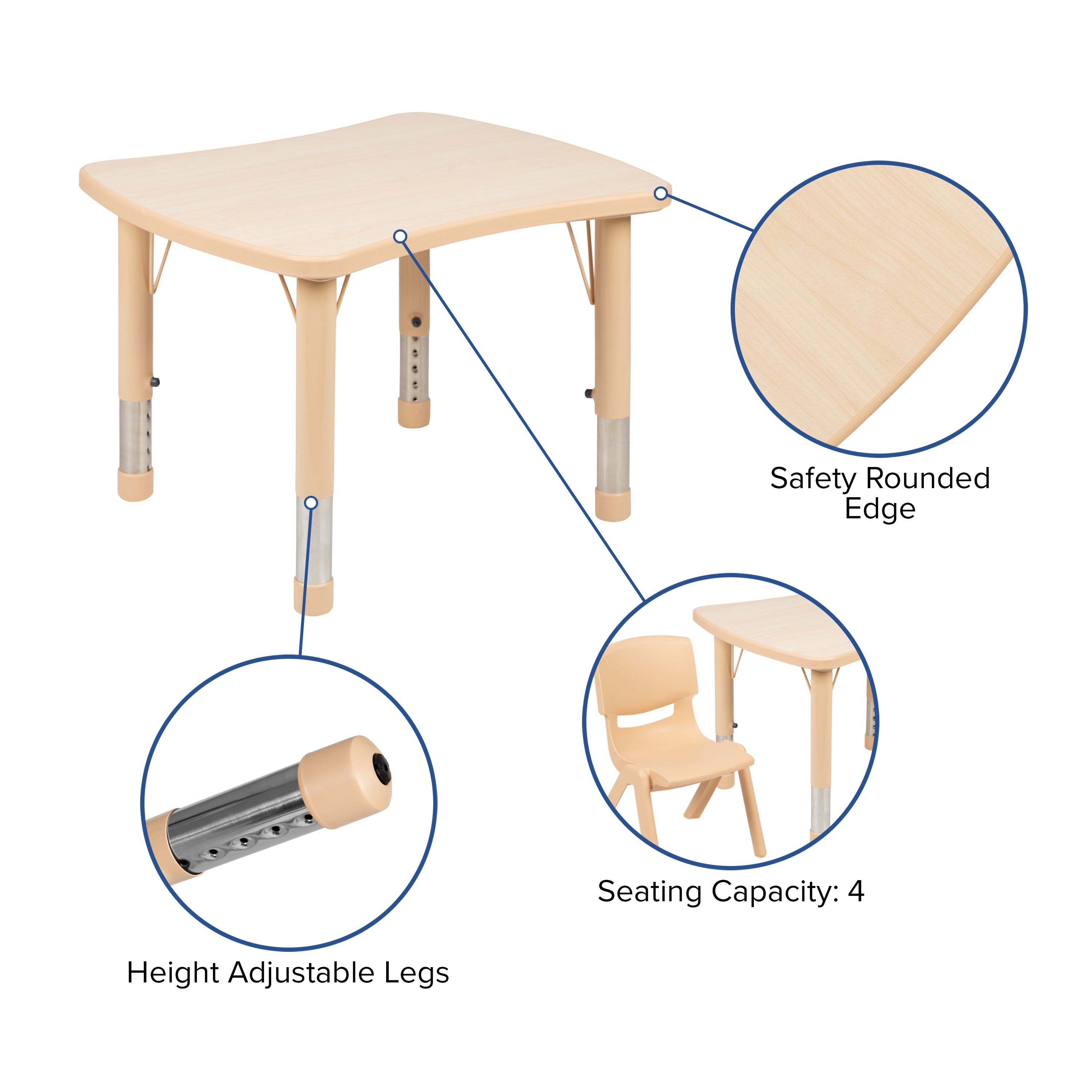 21.875"W x 26.625"L Rectangular Plastic Height Adjustable Activity Table Set with 4 Chairs-Rectangular Activity Table Set-Flash Furniture-Wall2Wall Furnishings