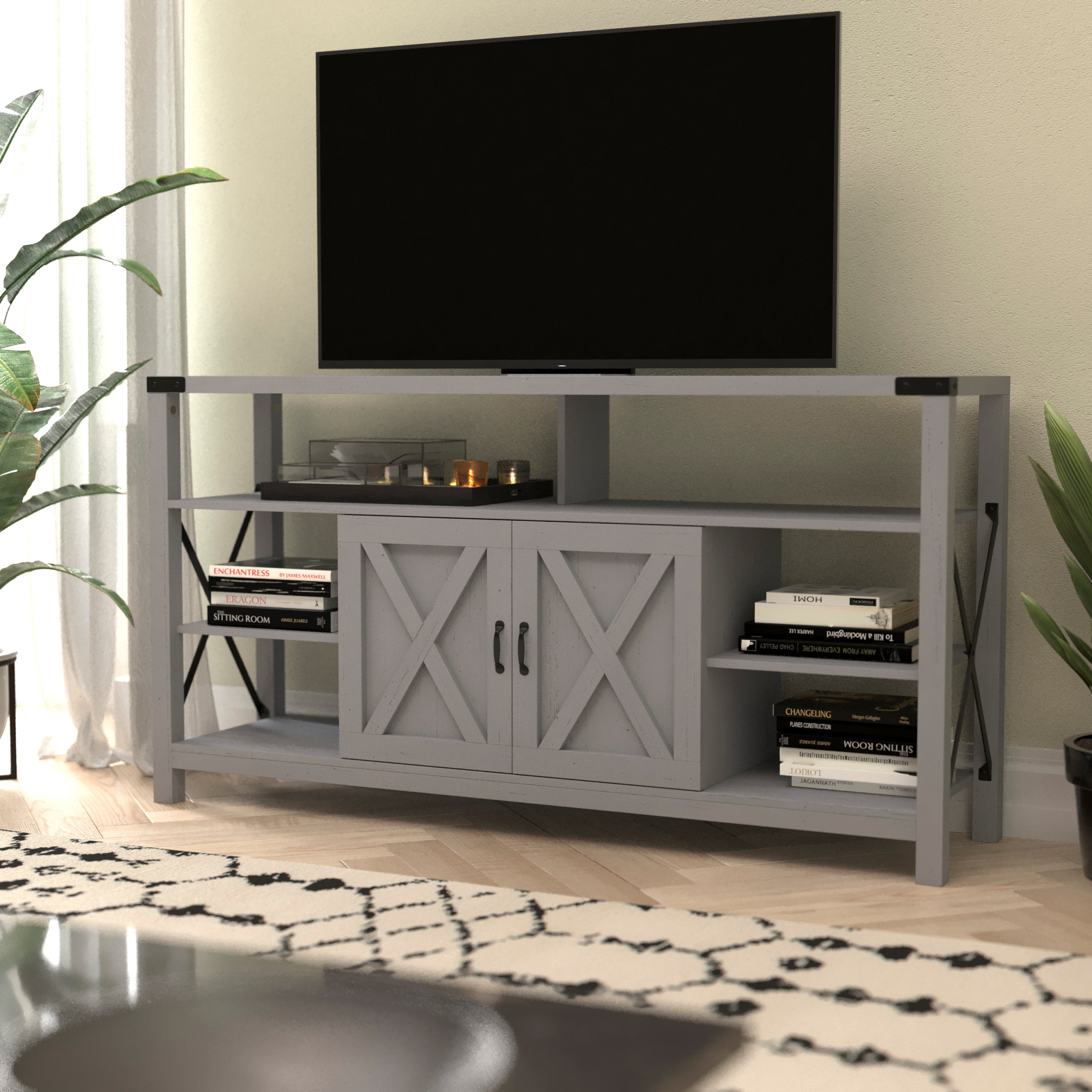 Wyatt 60" Modern Farmhouse Tall TV Console Cabinet with Storage Cabinets and Shelves for TV's up to 60"-TV Stand-Flash Furniture-Wall2Wall Furnishings