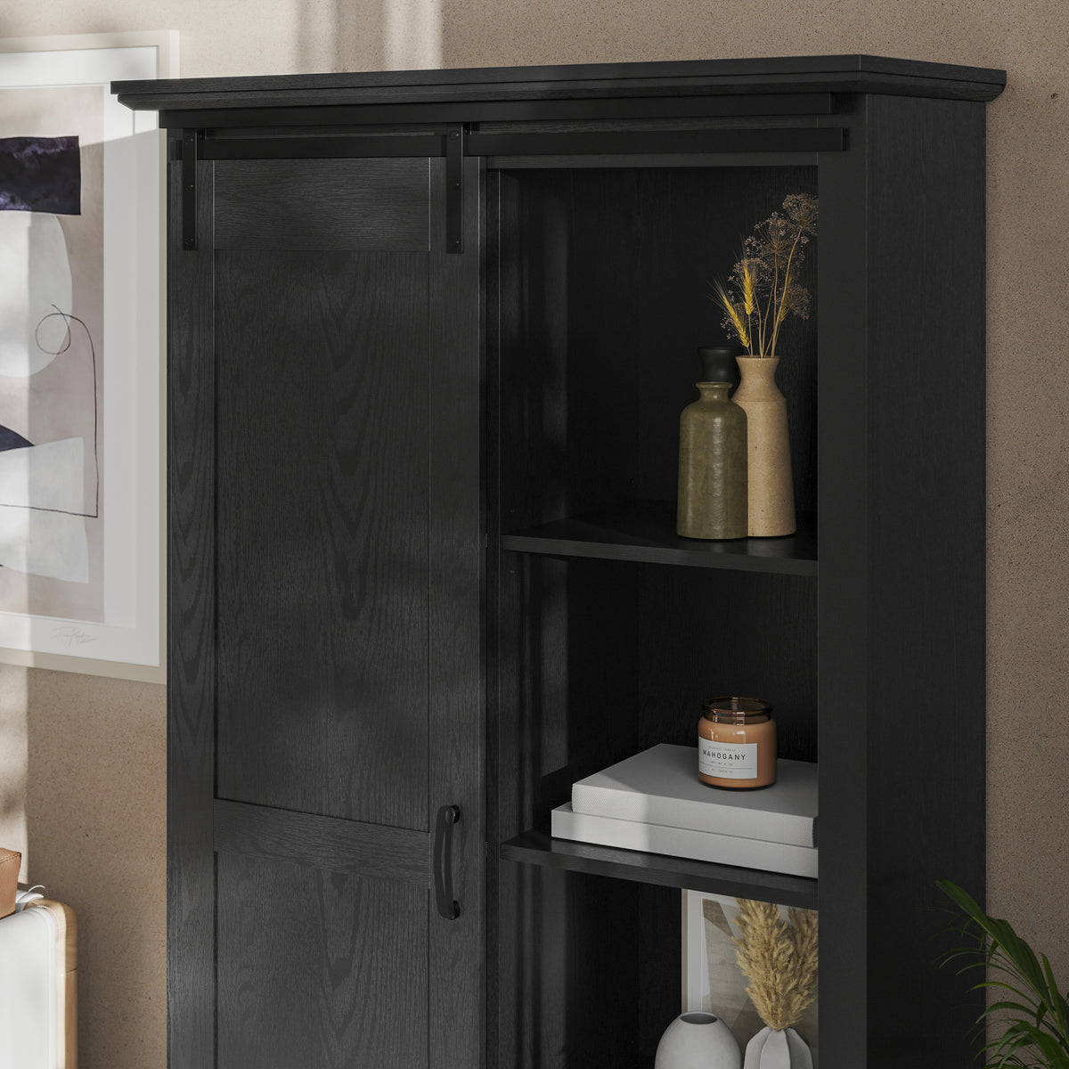 Harrison Rustic Farmhouse Storage Cabinet Bookcase with Sliding Barn Door and Adjustable Shelves