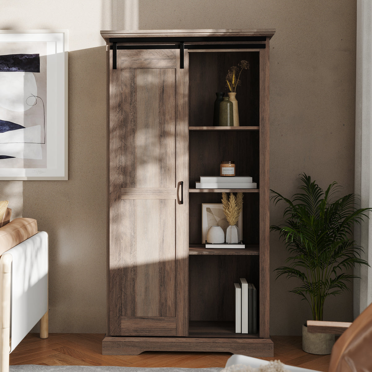 Harrison Rustic Farmhouse Storage Cabinet Bookcase with Sliding Barn Door and Adjustable Shelves