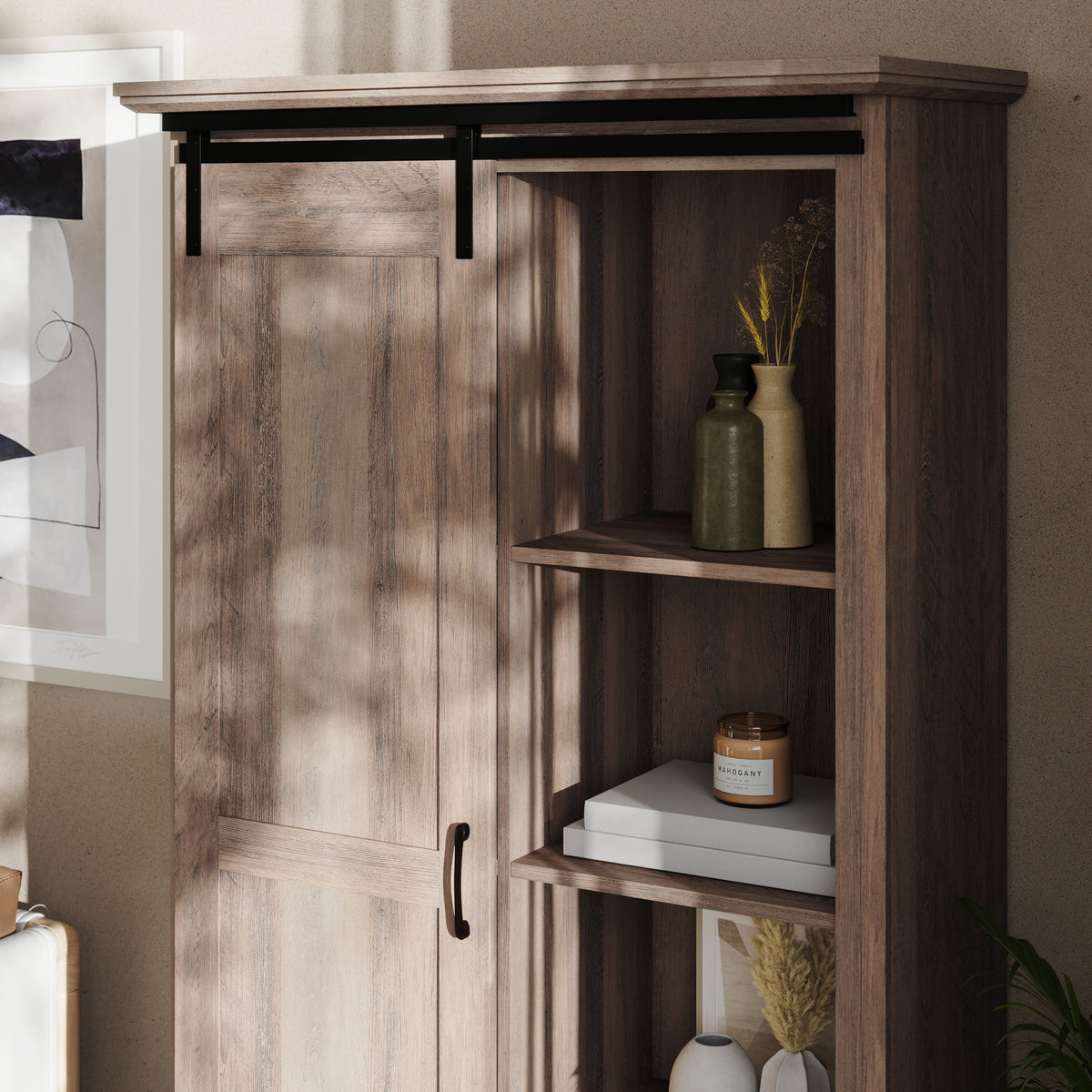 Harrison Rustic Farmhouse Storage Cabinet Bookcase with Sliding Barn Door and Adjustable Shelves