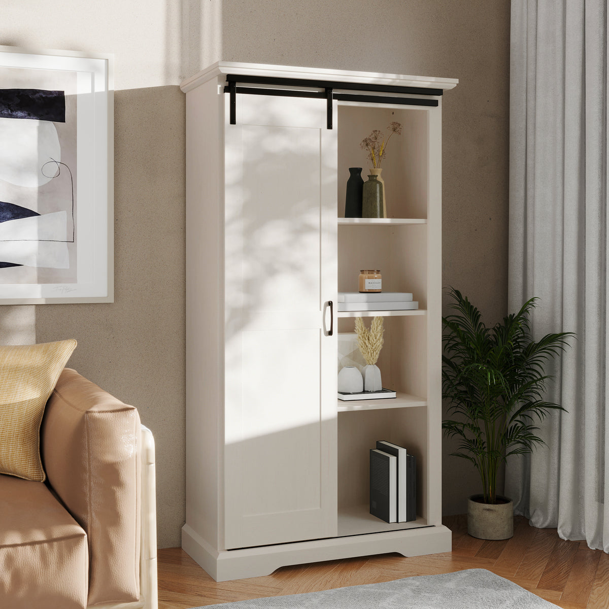Harrison Rustic Farmhouse Storage Cabinet Bookcase with Sliding Barn Door and Adjustable Shelves