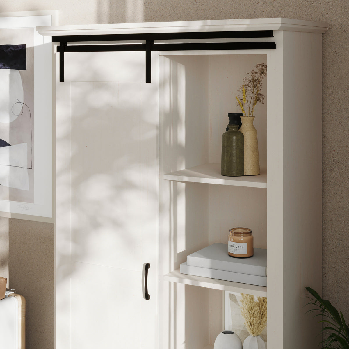 Harrison Rustic Farmhouse Storage Cabinet Bookcase with Sliding Barn Door and Adjustable Shelves