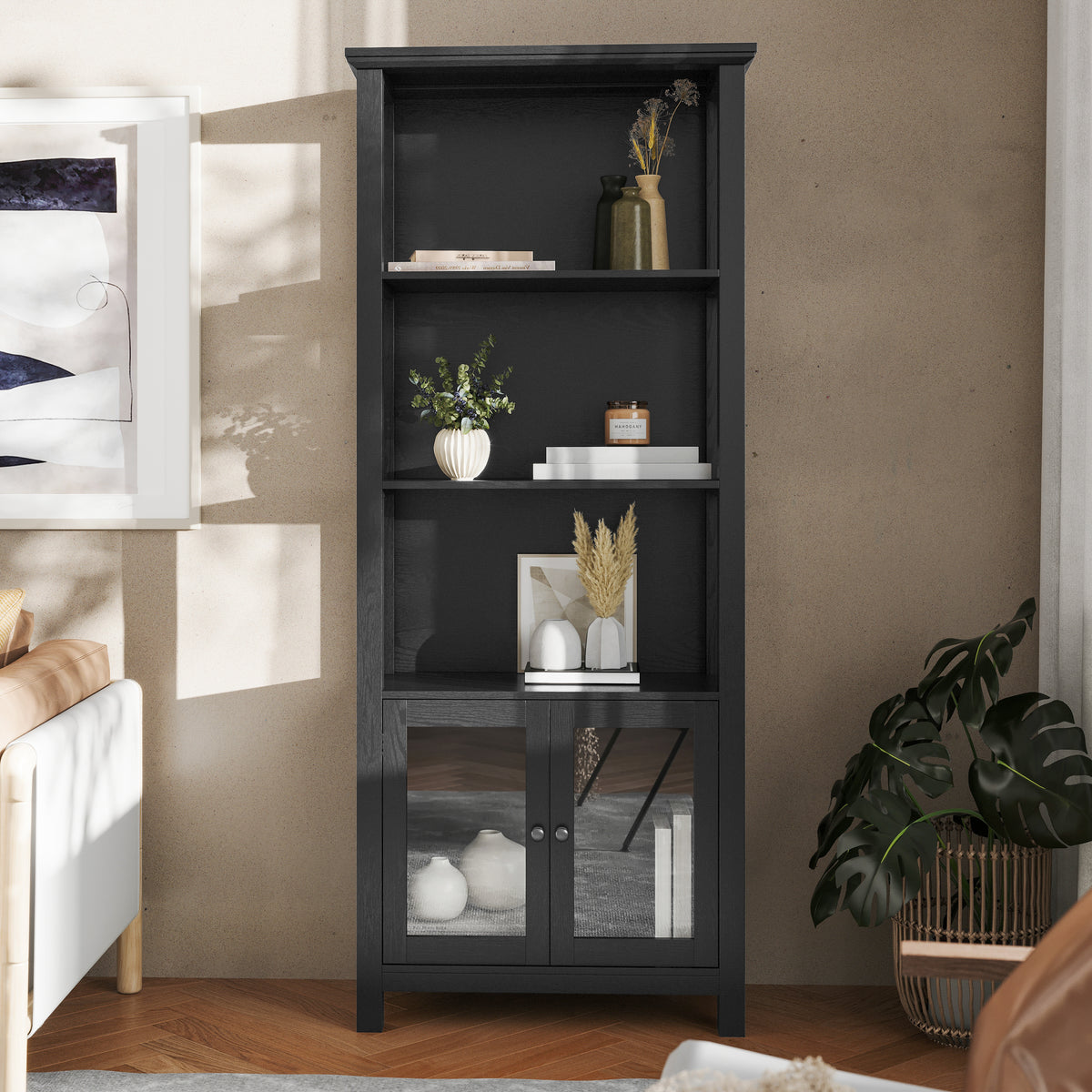 Stella Modern Farmhouse Wooden Bookcase and Storage Cabinet with Tempered Glass Doors and 3 Upper Shelves