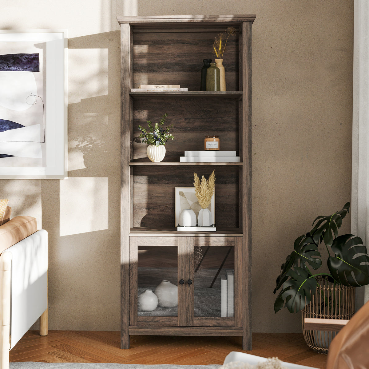 Stella Modern Farmhouse Wooden Bookcase and Storage Cabinet with Tempered Glass Doors and 3 Upper Shelves