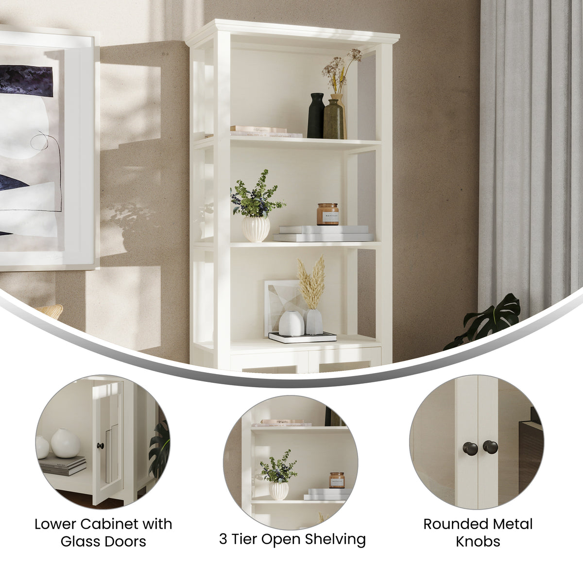 Stella Modern Farmhouse Wooden Bookcase and Storage Cabinet with Tempered Glass Doors and 3 Upper Shelves
