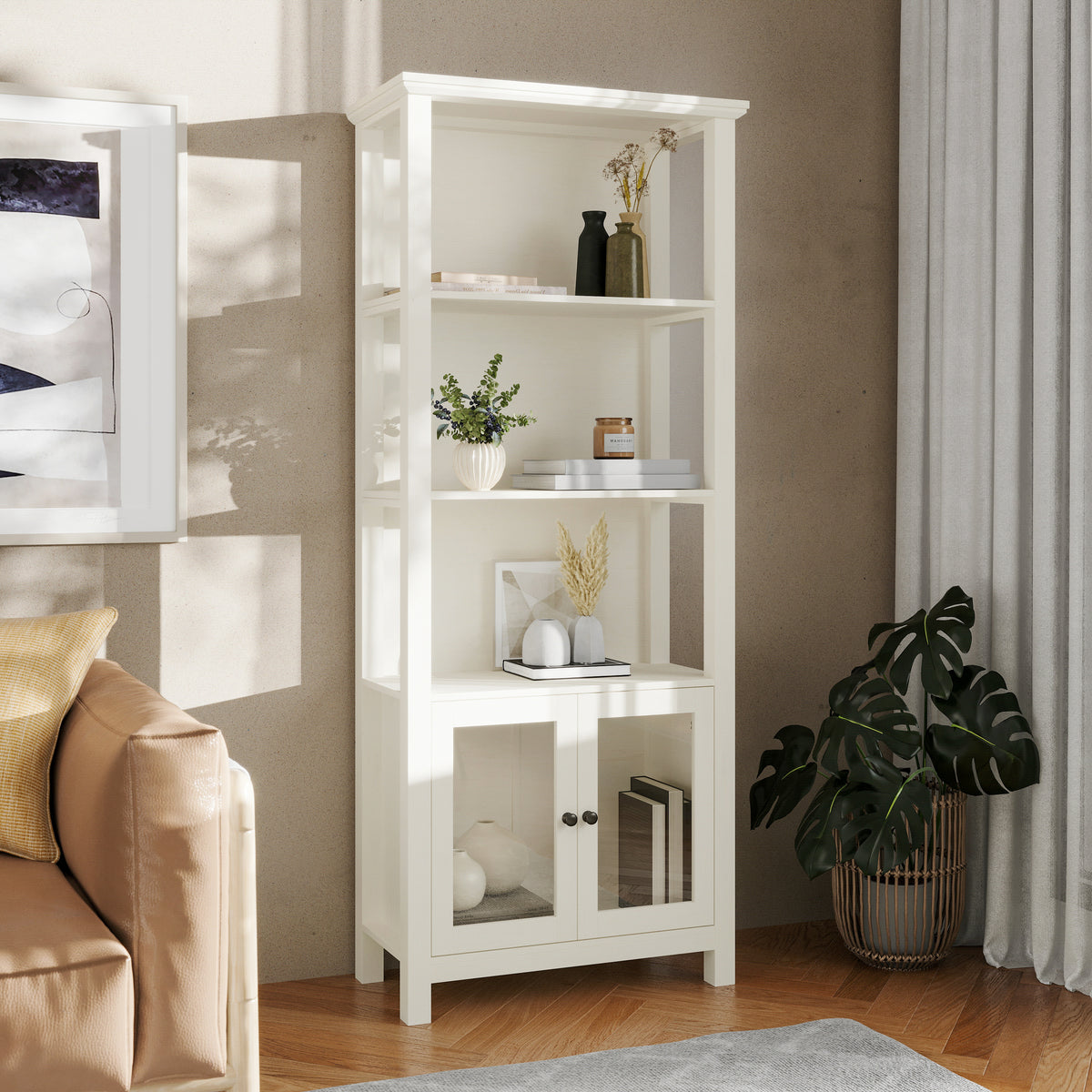 Stella Modern Farmhouse Wooden Bookcase and Storage Cabinet with Tempered Glass Doors and 3 Upper Shelves