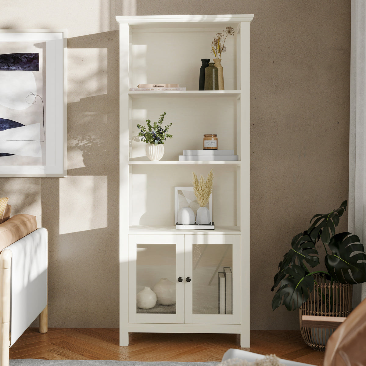 Stella Modern Farmhouse Wooden Bookcase and Storage Cabinet with Tempered Glass Doors and 3 Upper Shelves