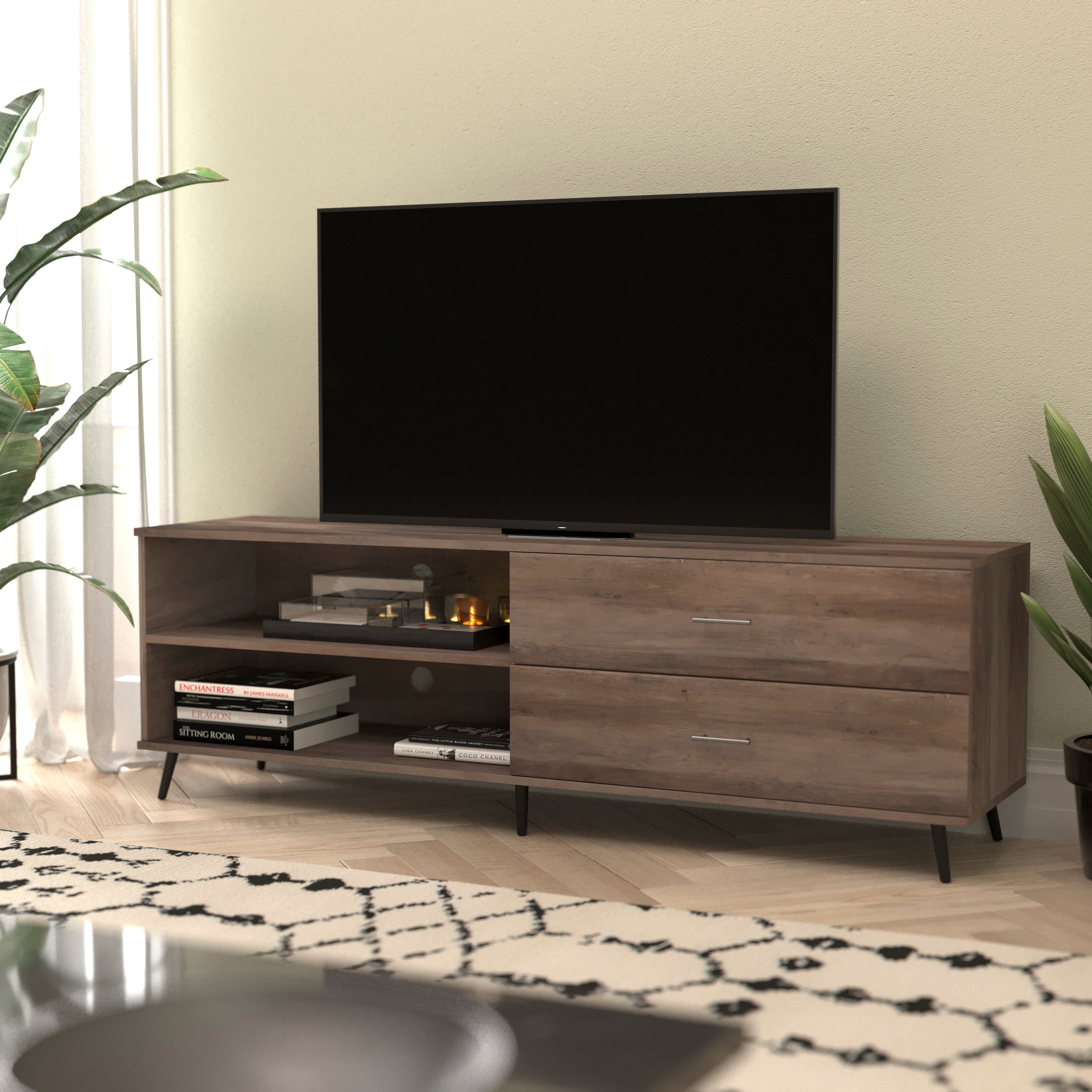 Nelson 65" Mid Century Modern TV Stand for up to 60" TV's with Adjustable Shelf and Storage Drawers