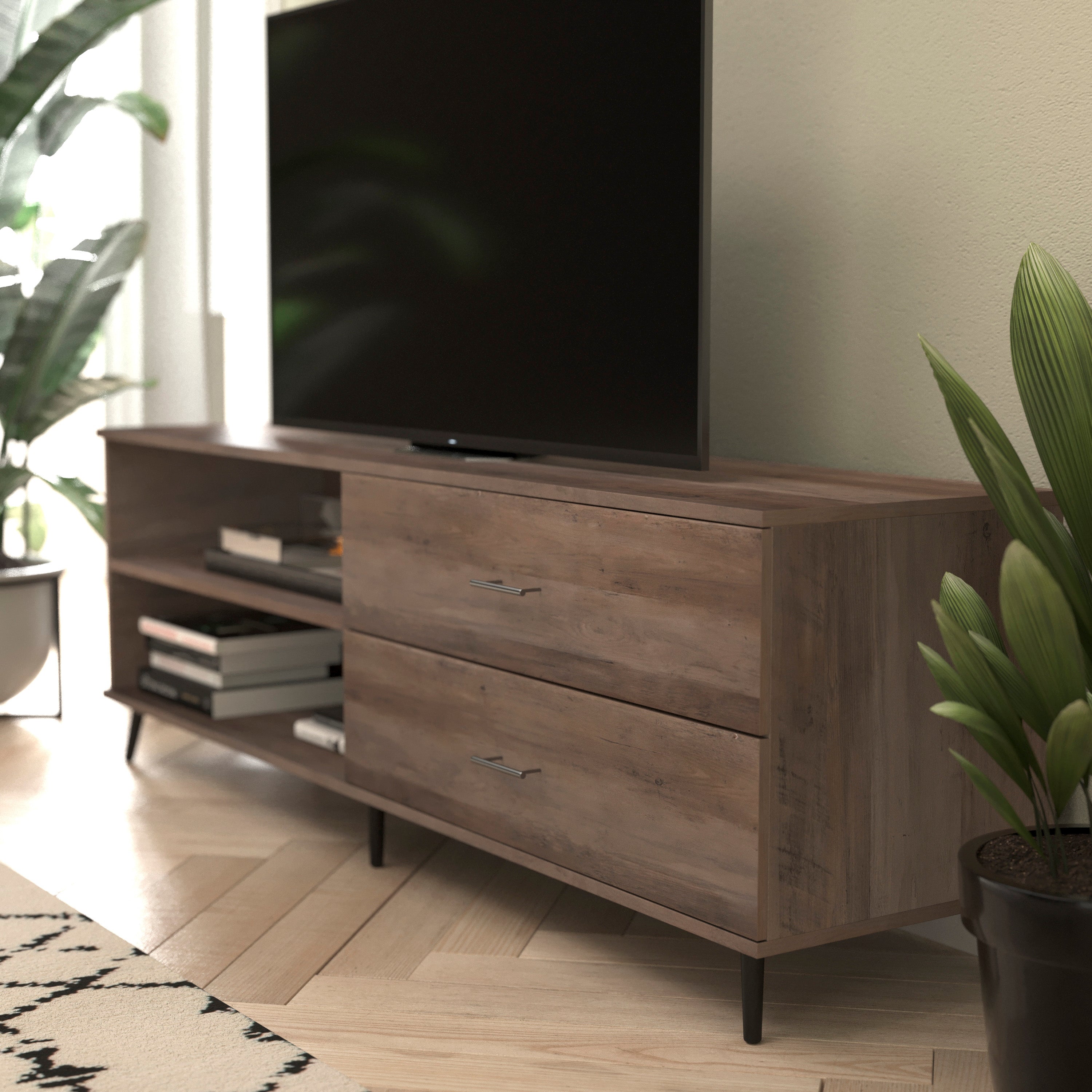 Nelson 65" Mid Century Modern TV Stand for up to 60" TV's with Adjustable Shelf and Storage Drawers