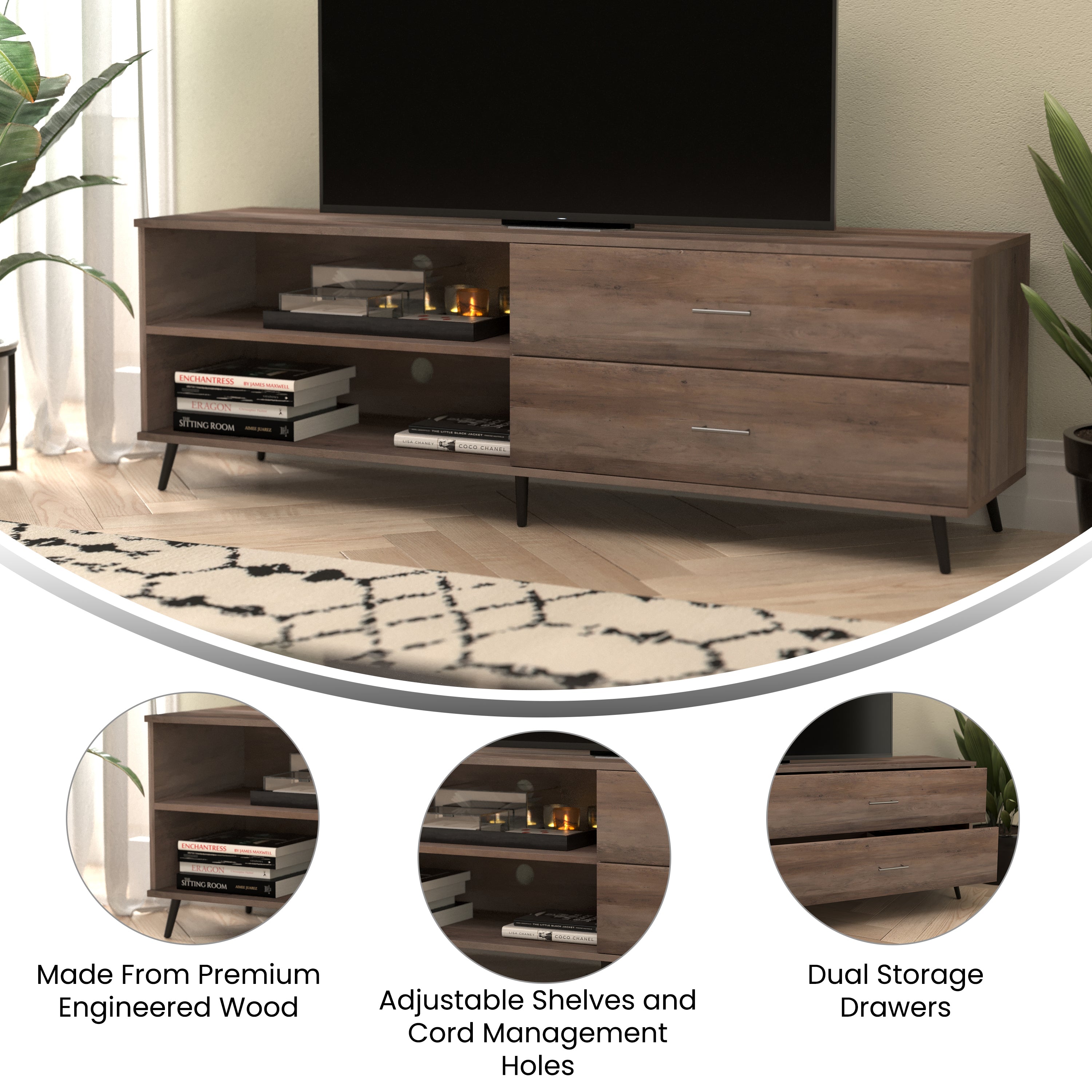 Nelson 65" Mid Century Modern TV Stand for up to 60" TV's with Adjustable Shelf and Storage Drawers-TV Stand-Flash Furniture-Wall2Wall Furnishings