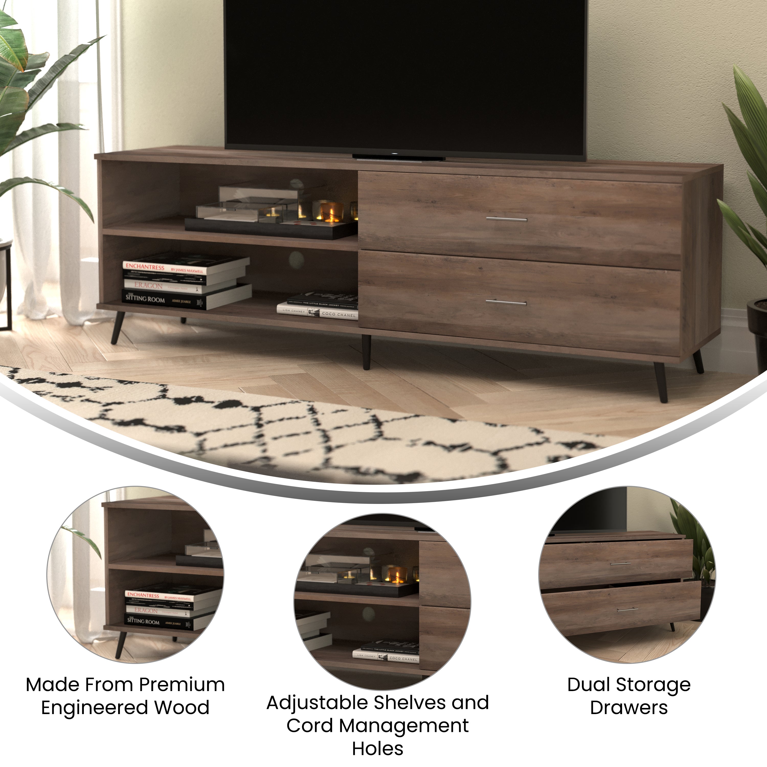 Nelson 65" Mid Century Modern TV Stand for up to 60" TV's with Adjustable Shelf and Storage Drawers