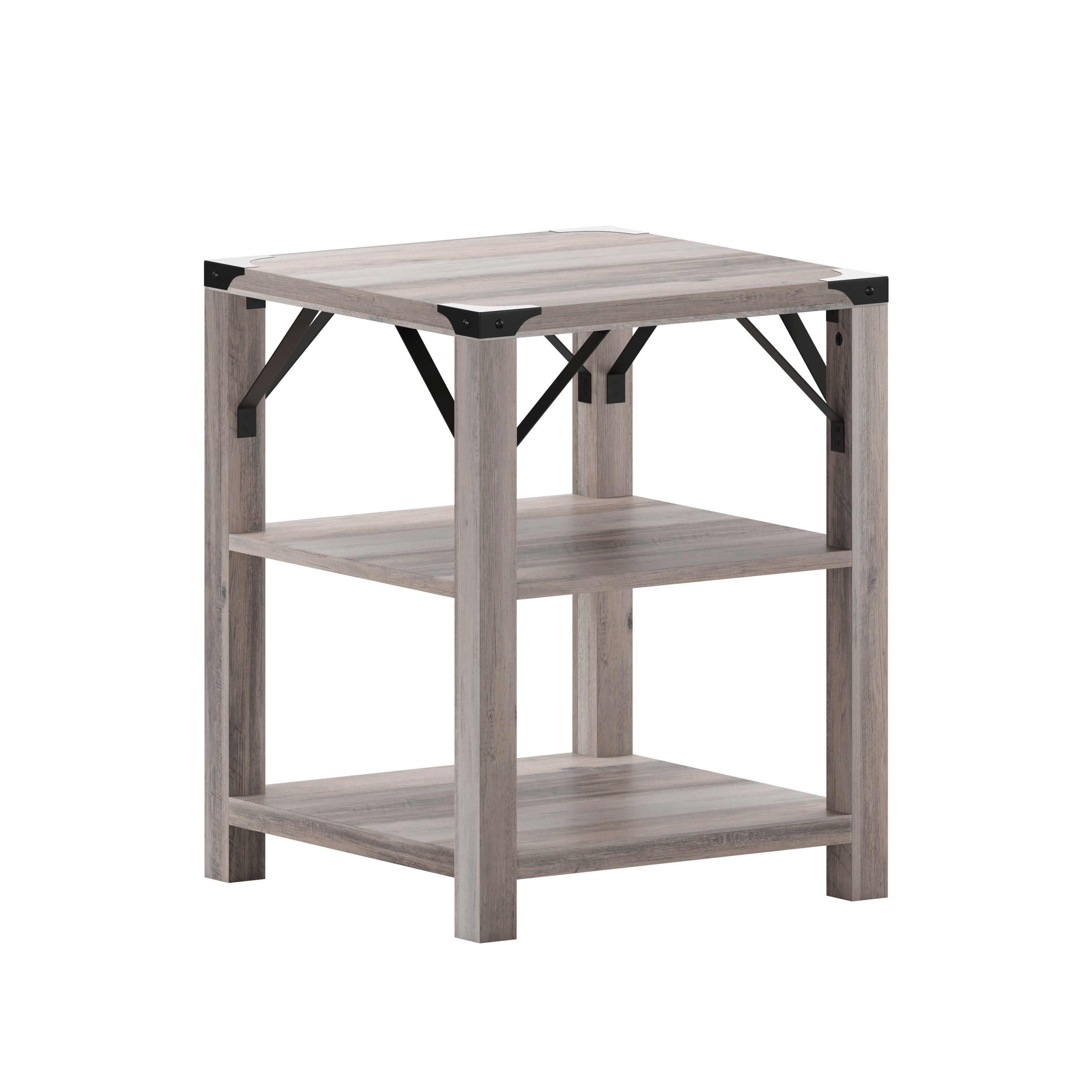 Wyatt Modern Farmhouse Wooden 3 Tier End Table with Metal Corner Accents and Cross Bracing-End Table-Flash Furniture-Wall2Wall Furnishings
