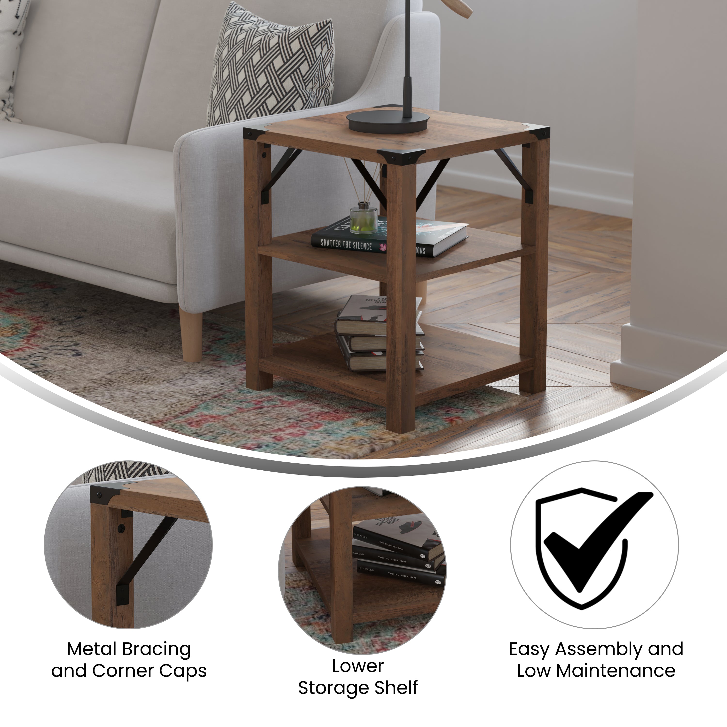 Wyatt Modern Farmhouse Wooden 3 Tier End Table with Metal Corner Accents and Cross Bracing