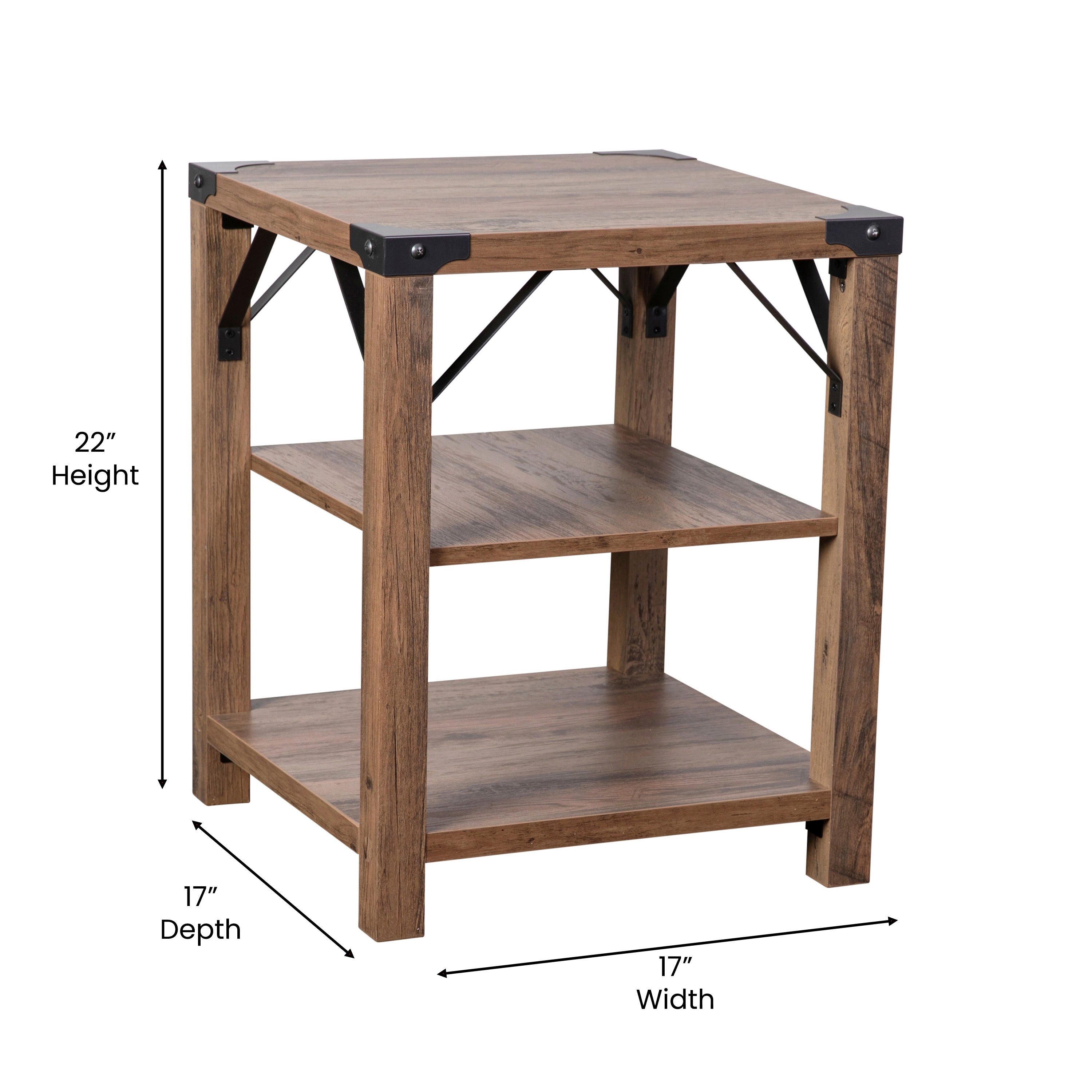 Wyatt Modern Farmhouse Wooden 3 Tier End Table with Metal Corner Accents and Cross Bracing