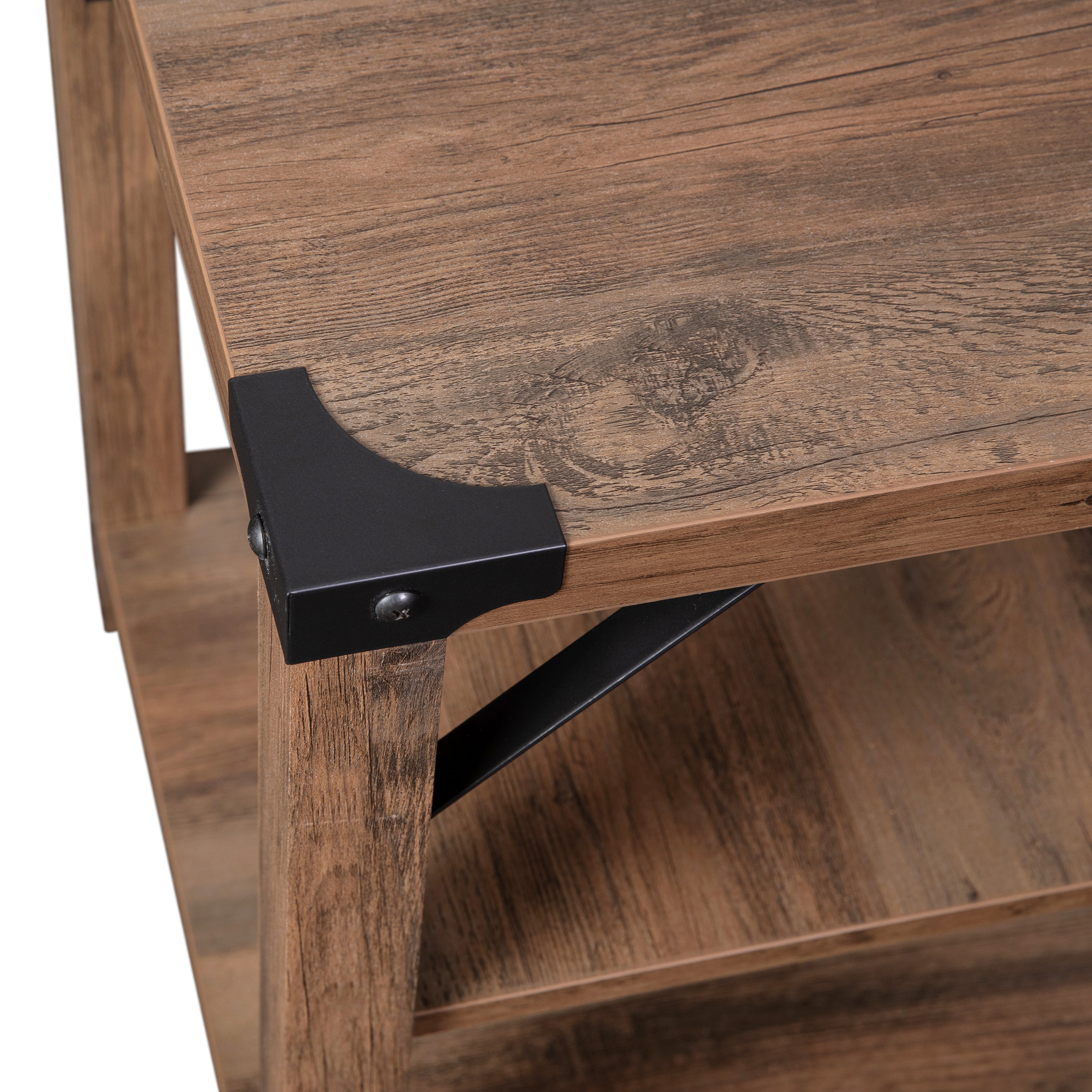 Wyatt Modern Farmhouse Wooden 3 Tier End Table with Metal Corner Accents and Cross Bracing