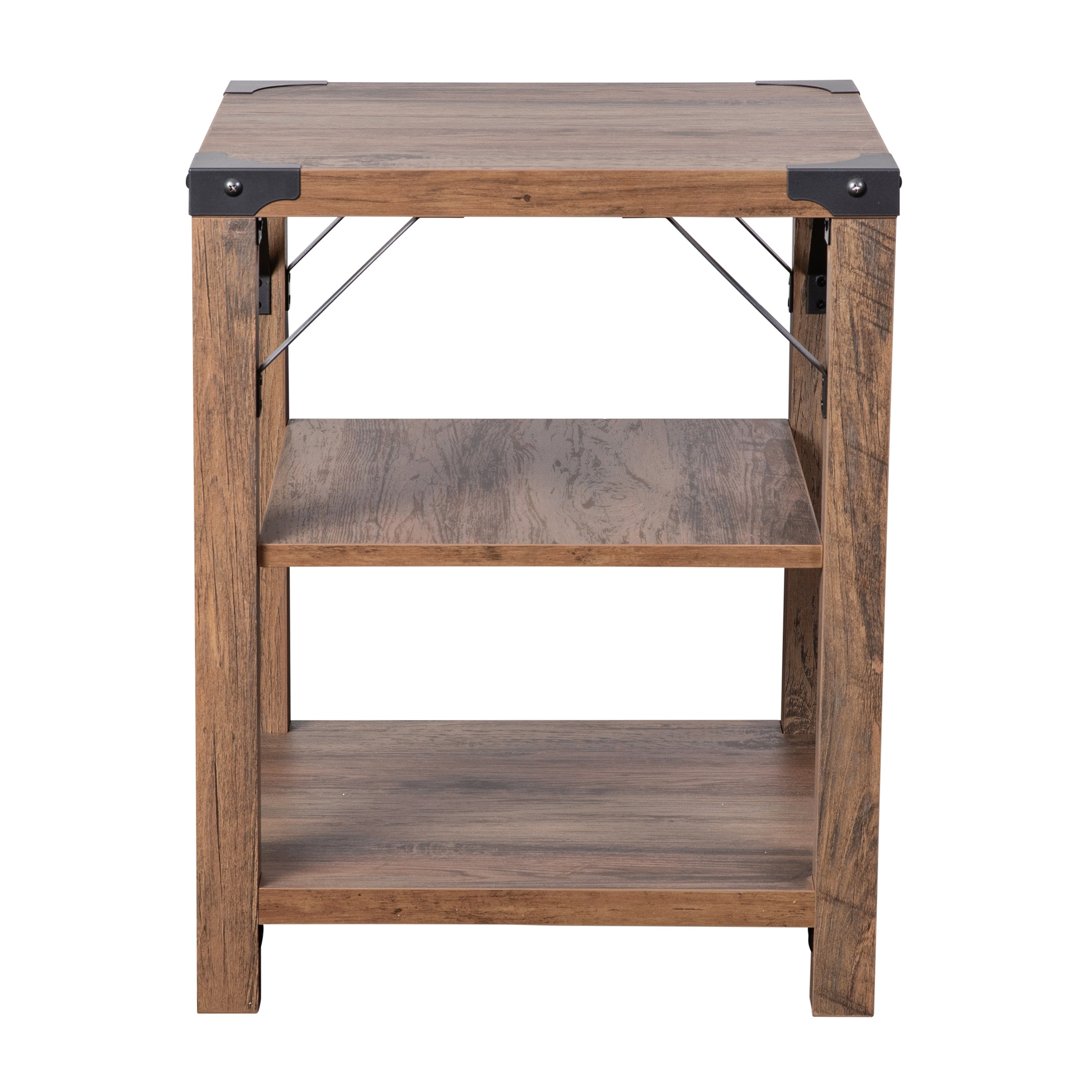 Wyatt Modern Farmhouse Wooden 3 Tier End Table with Metal Corner Accents and Cross Bracing