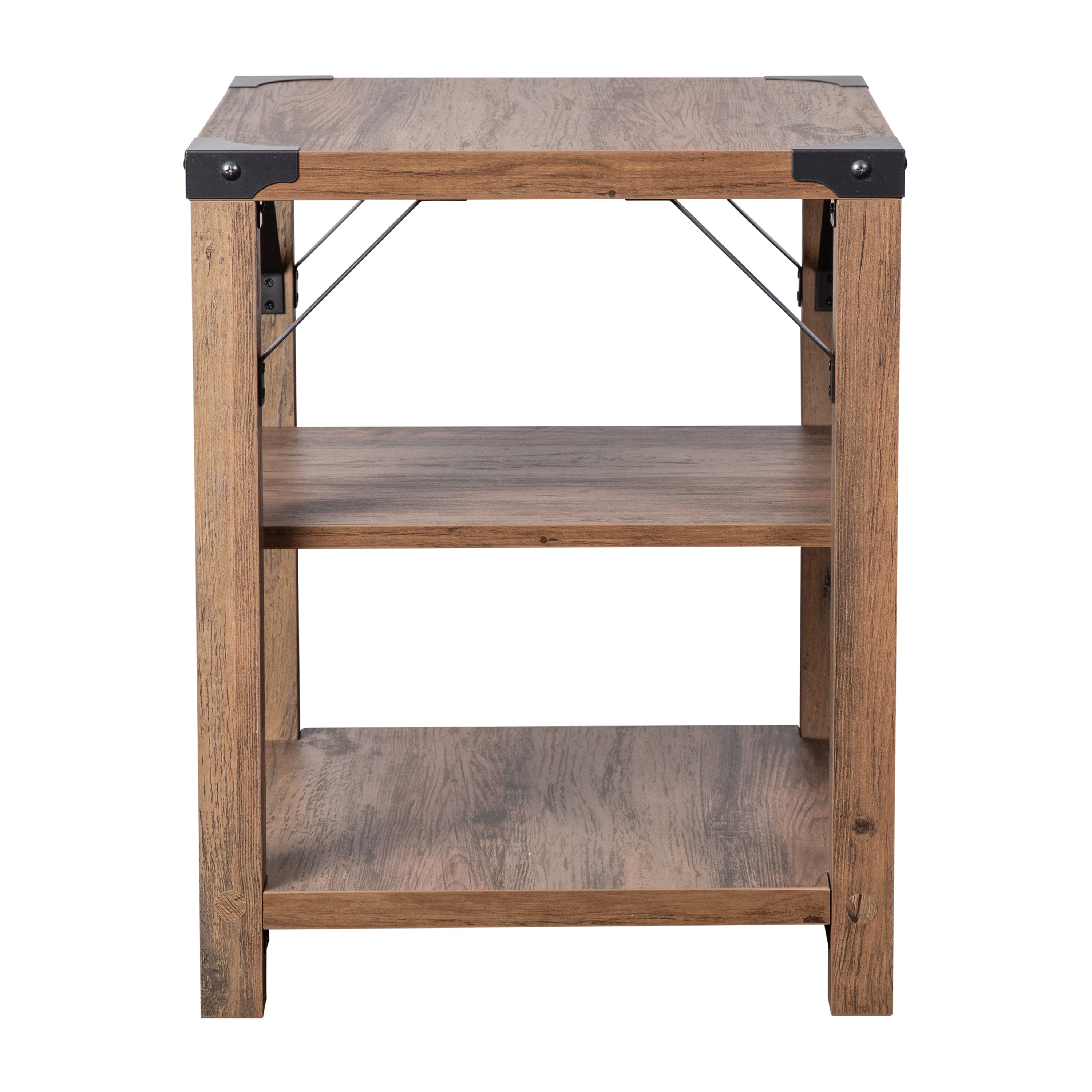 Wyatt Modern Farmhouse Wooden 3 Tier End Table with Metal Corner Accents and Cross Bracing