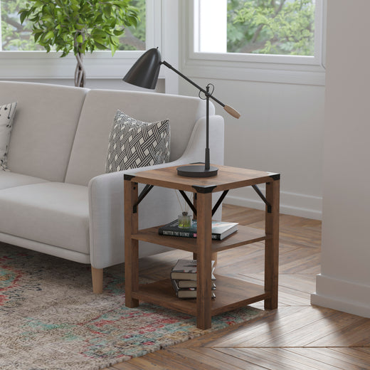 Wyatt Modern Farmhouse Wooden 3 Tier End Table with Metal Corner Accents and Cross Bracing