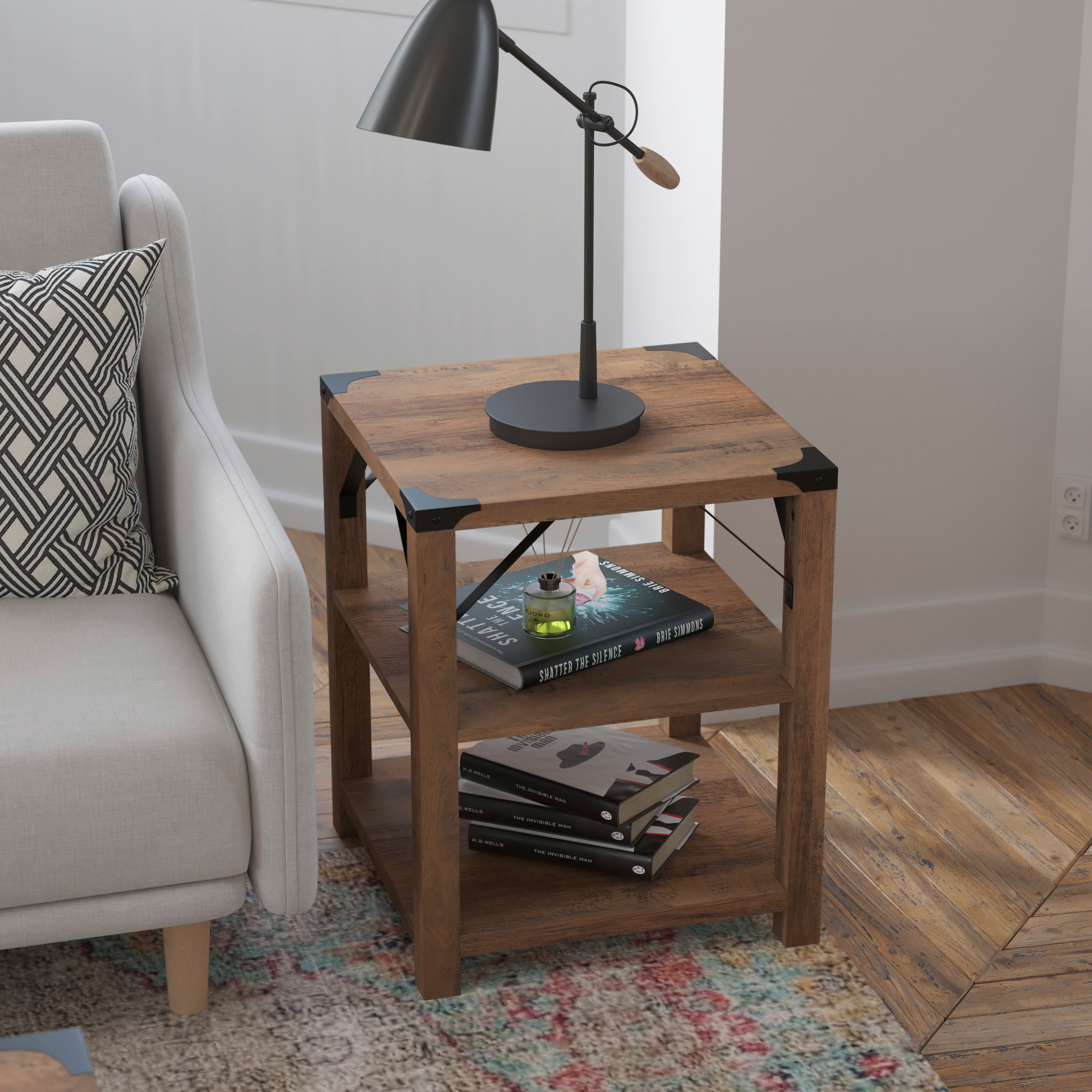 Wyatt Modern Farmhouse Wooden 3 Tier End Table with Metal Corner Accents and Cross Bracing
