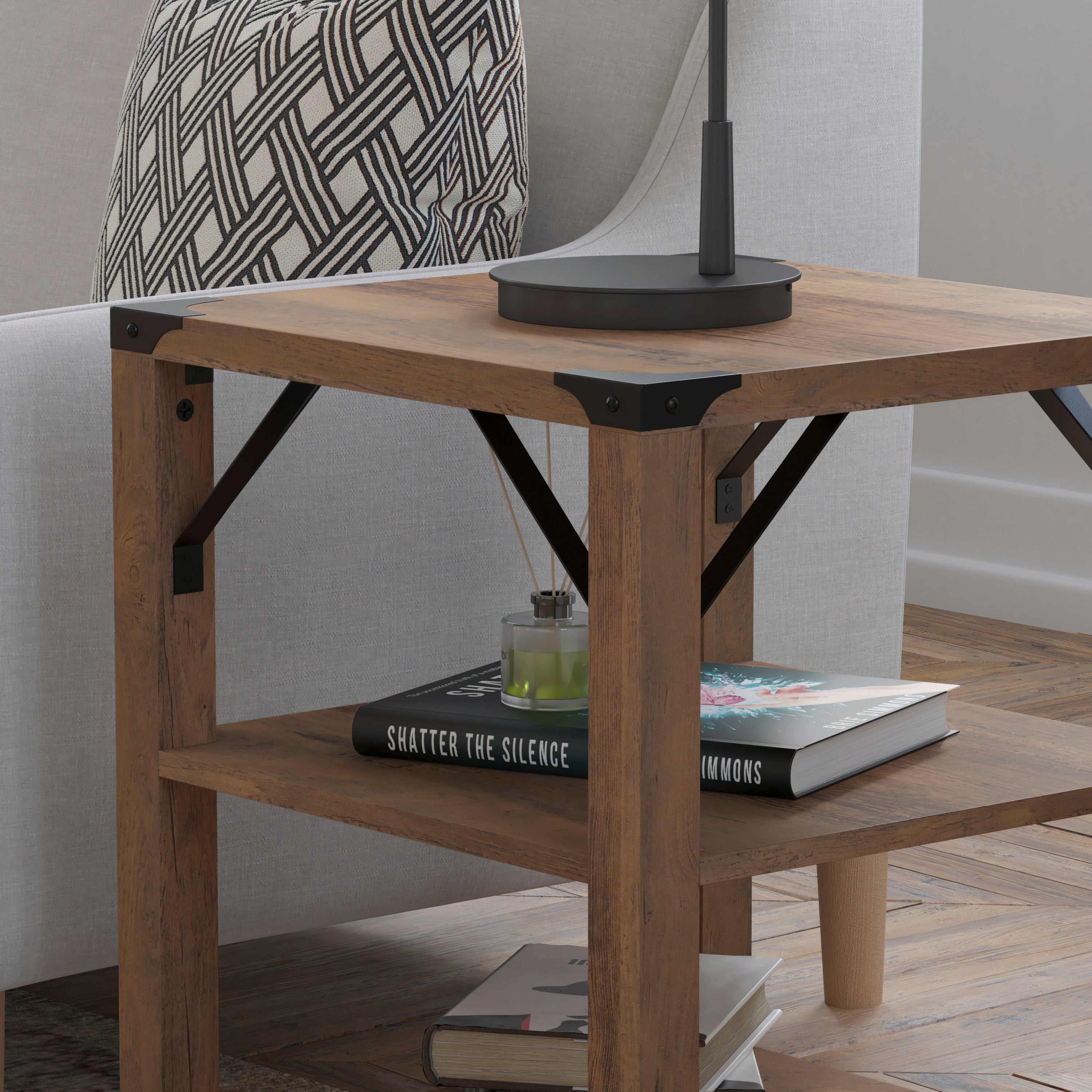 Wyatt Modern Farmhouse Wooden 3 Tier End Table with Metal Corner Accents and Cross Bracing