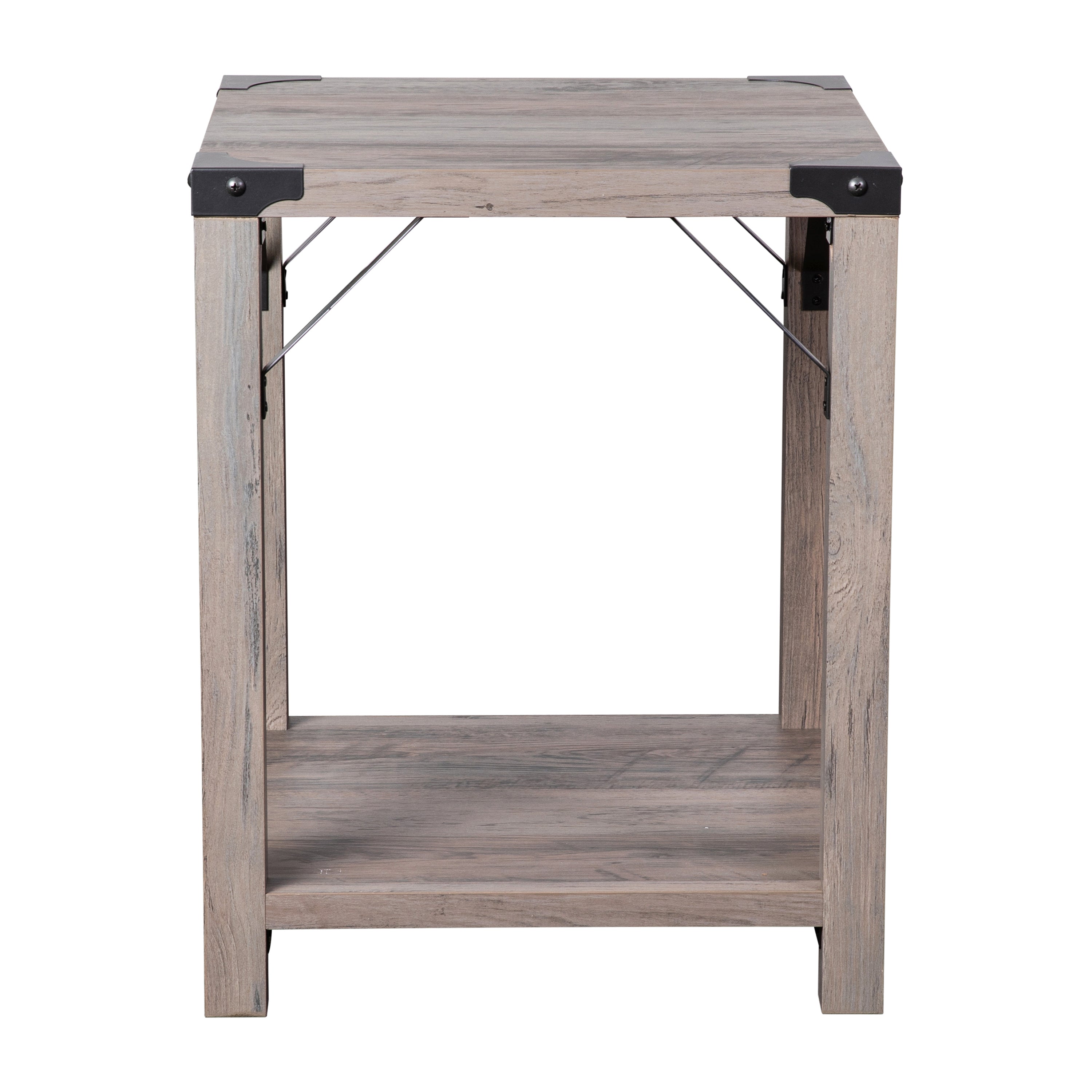 Wyatt Modern Farmhouse Wooden 2 Tier End Table with Metal Corner Accents and Cross Bracing
