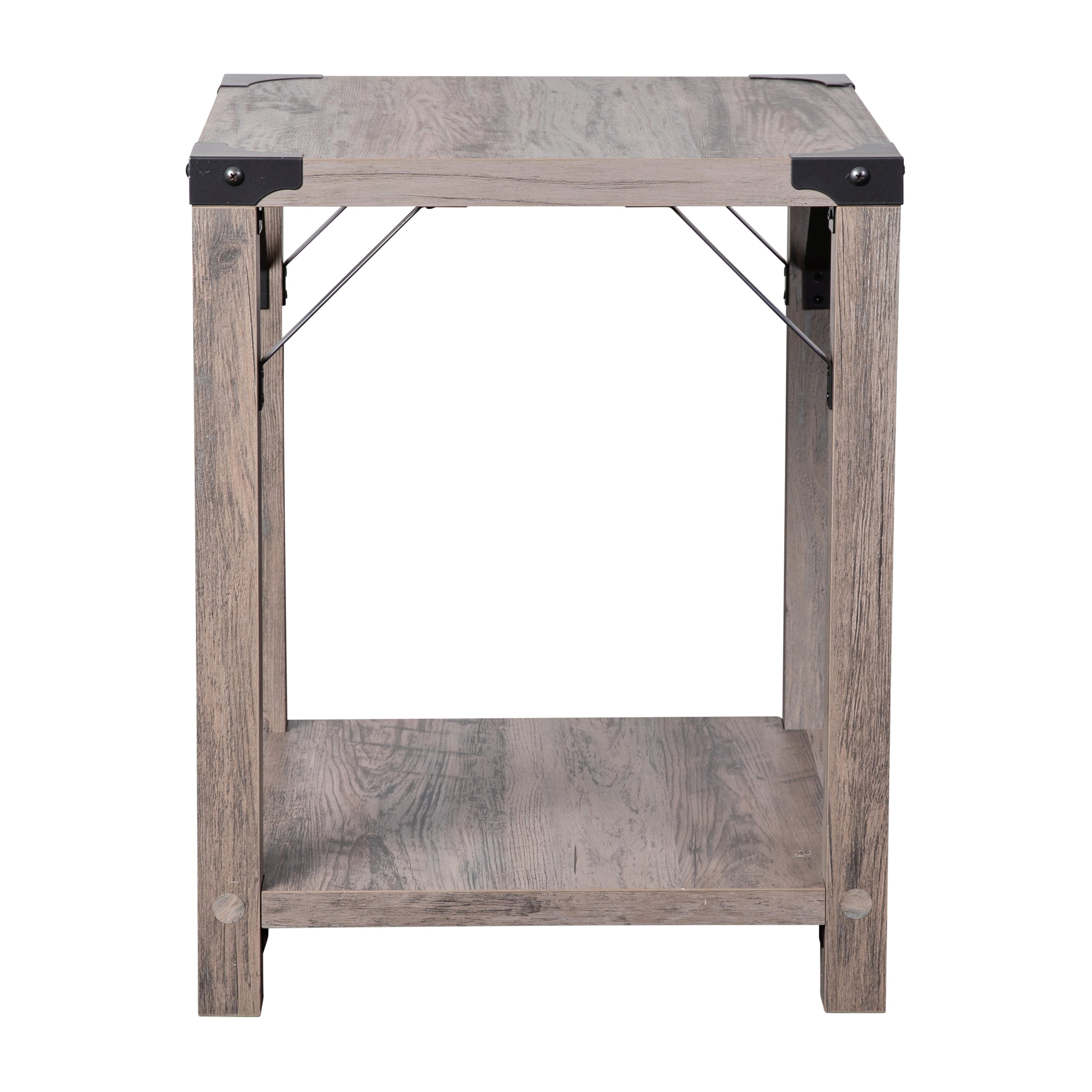 Wyatt Modern Farmhouse Wooden 2 Tier End Table with Metal Corner Accents and Cross Bracing