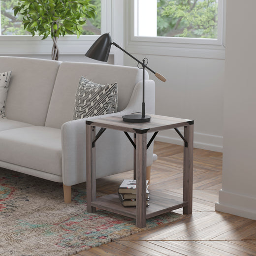 Wyatt Modern Farmhouse Wooden 2 Tier End Table with Metal Corner Accents and Cross Bracing